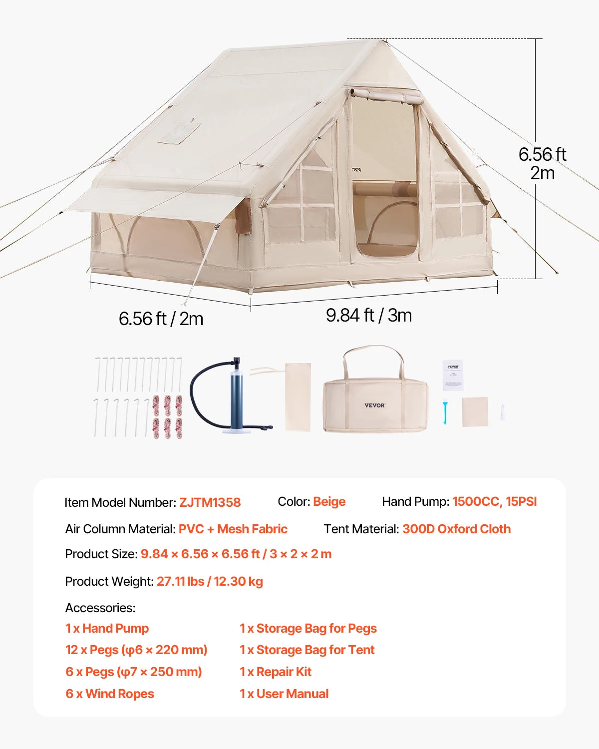Inflatable Tents for Camping Easy Setup Blow up Tent with Hand Pump 300D Oxford Tent with Stove Jack Storage Bag Included