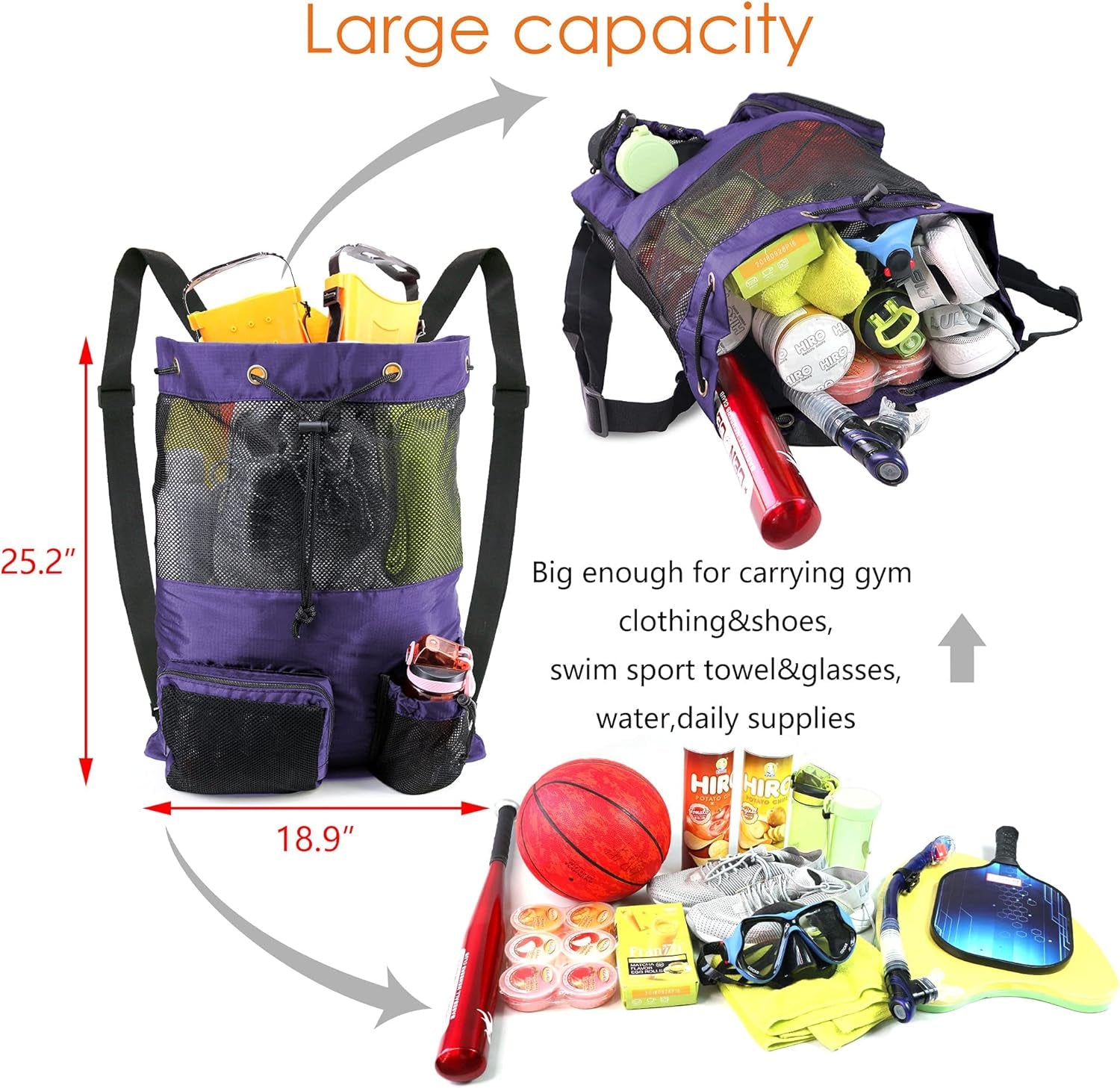 Purple Beach Bag Gym Backpack 18.9" X 25.2" Drawstring Bag Swim Bag for Workout Swimmers Gear Equipment Gear Pool Large Mesh Sports Bag Beach for Sport Men Women