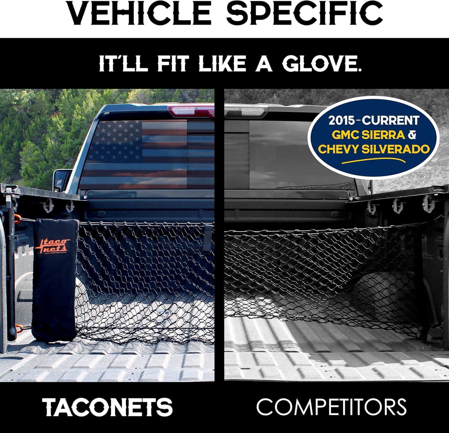 Envelope Cargo Net for GMC Sierra & Chevy Silverado - Fits 2013-2025 - Upgraded 5Mm Bungee - Integrated Storage Bag - Heavy Duty Carabiners - Designed in USA - 18" X 50"