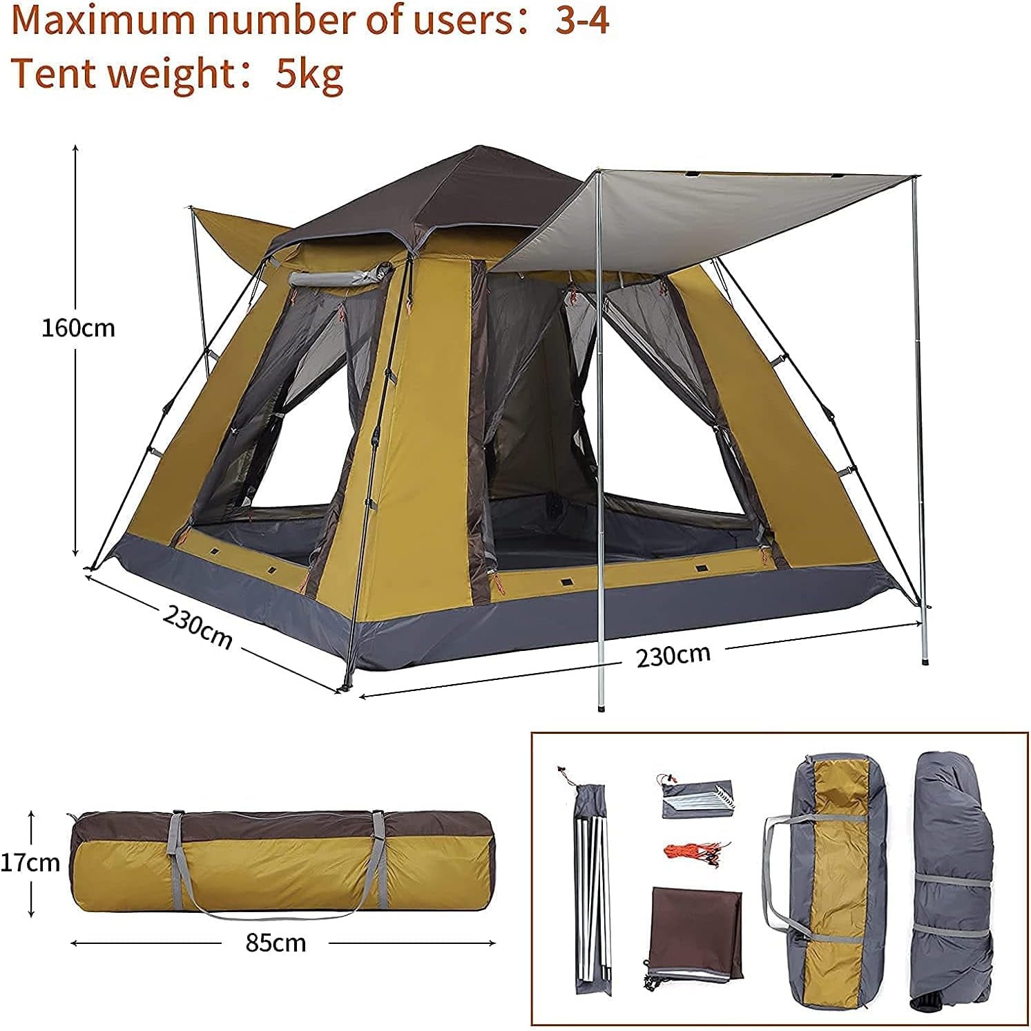Waterproof Family Tent with Removable Rainfly and Carry Bag Waterproof Windproof Pop up Tent with Stakes for Camping Traveling Backpacking Hiking Outdoors