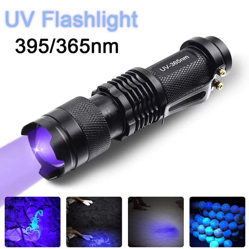 LED UV Flashlight 365Nm 395Nm Blacklight Scorpion UV Light Pet Urine Detector Zoomable Ultraviolet Outdoor Camping Lighting