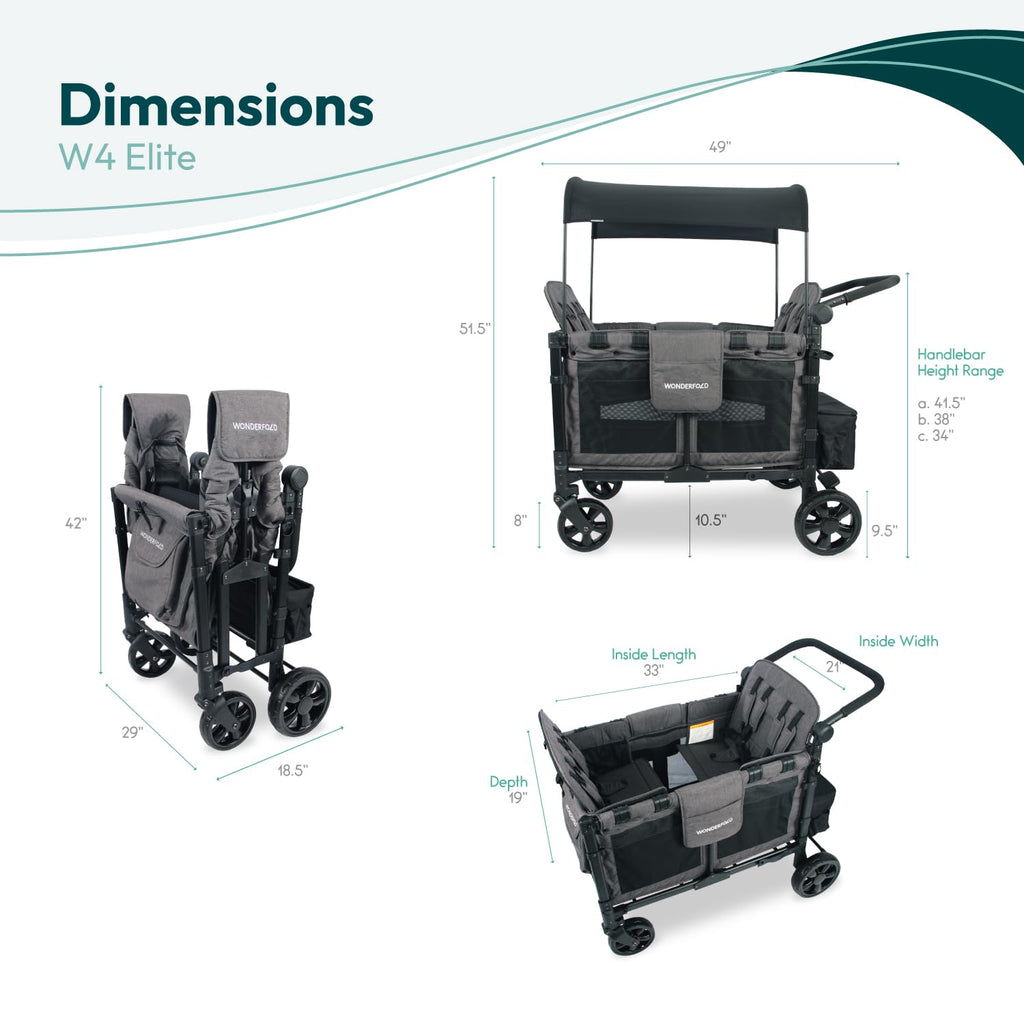 W4 Elite Stroller Wagon (4 Seater) - Collapsible Wagon Stroller with Seats with 5-Point Harnesses, Adjustable Push Handle, and Removable UV Sun Canopy, Charcoal Gray