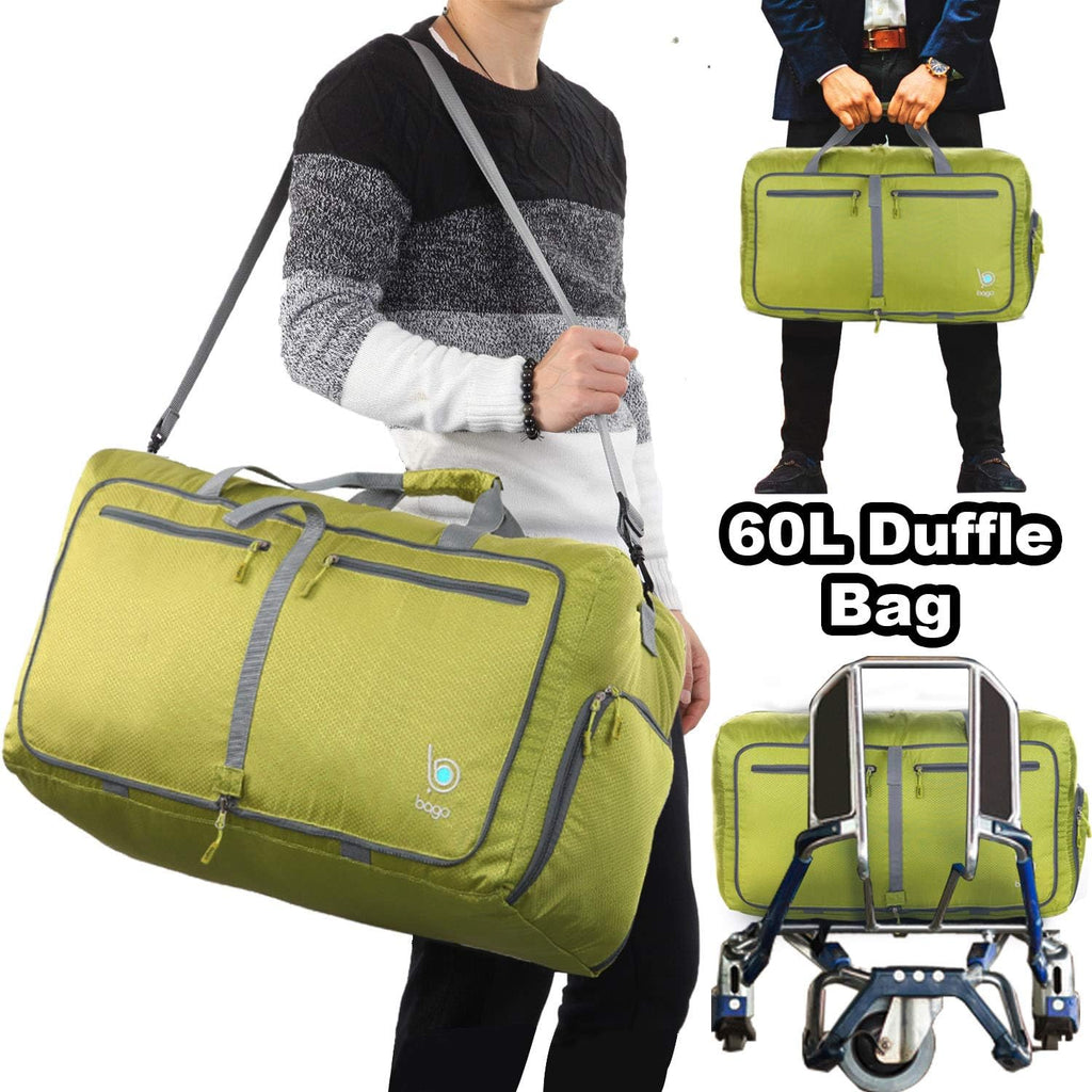 Foldable Duffel Bags for Traveling Women & Men - 60L Medium Packable Duffle Bag for Travel with Shoe Compartment - Water Repellant, Heavy Duty, Lightweight Folding & Collapsible (Green)