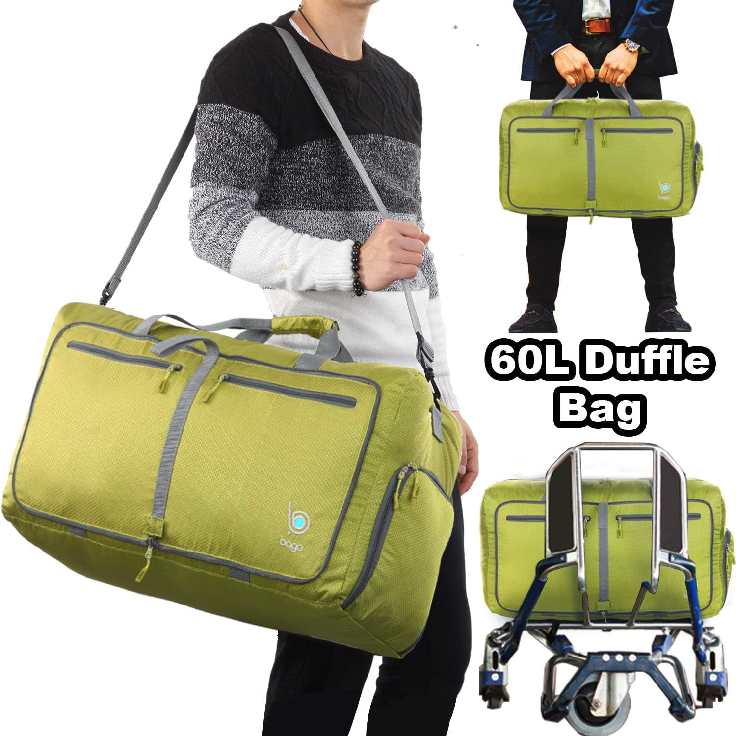Foldable Duffel Bags for Traveling Women & Men - 60L Medium Packable Duffle Bag for Travel with Shoe Compartment - Water Repellant, Heavy Duty, Lightweight Folding & Collapsible (Green)