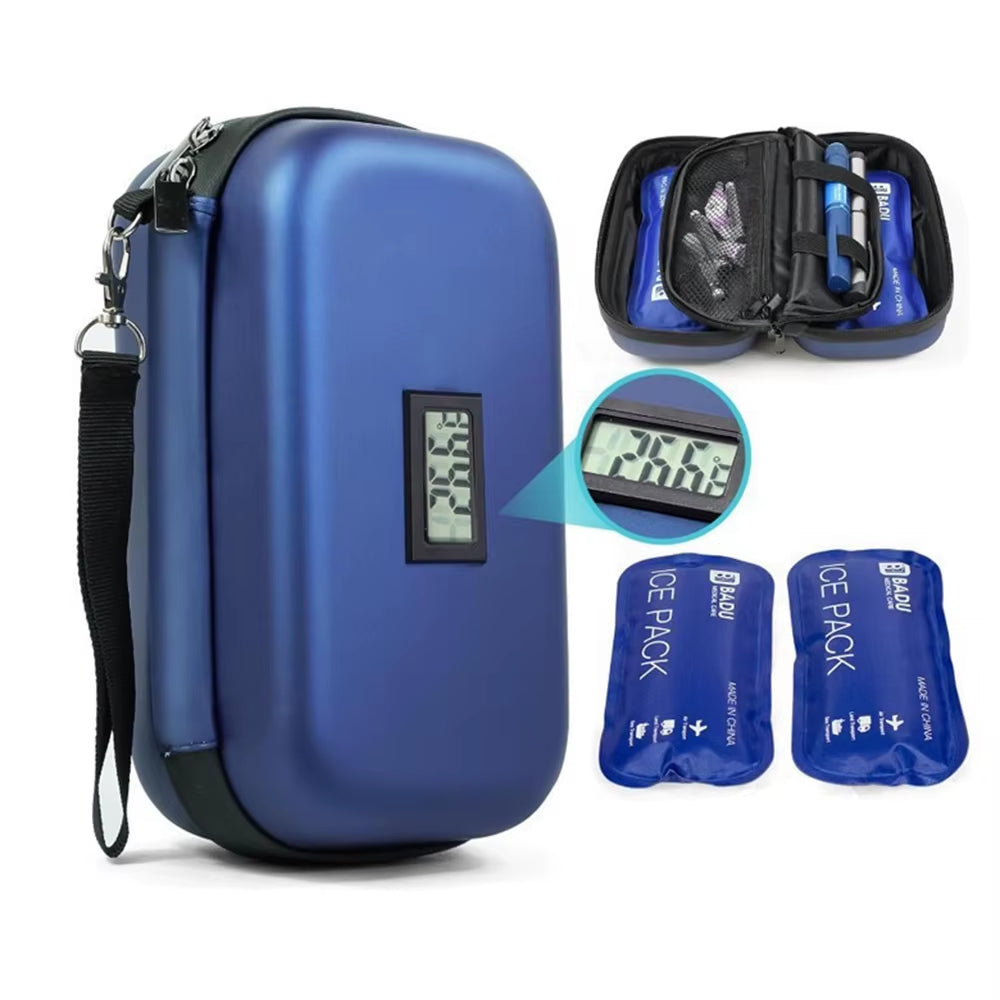 Insulin Cooler Travel Case TSA Approved Refrigerated Pharmaceutical Cooler with Thermometer 2 Ice Packs for Travel, Blue