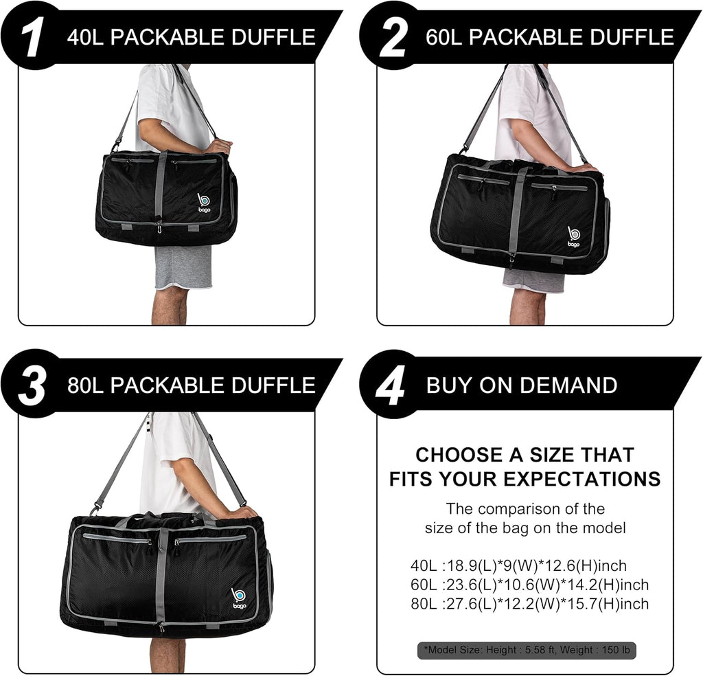 Foldable Duffel Bags for Traveling Women & Men - 60L Medium Packable Duffle Bag for Travel with Shoe Compartment - Water Repellant, Heavy Duty, Lightweight Folding & Collapsible (Green)