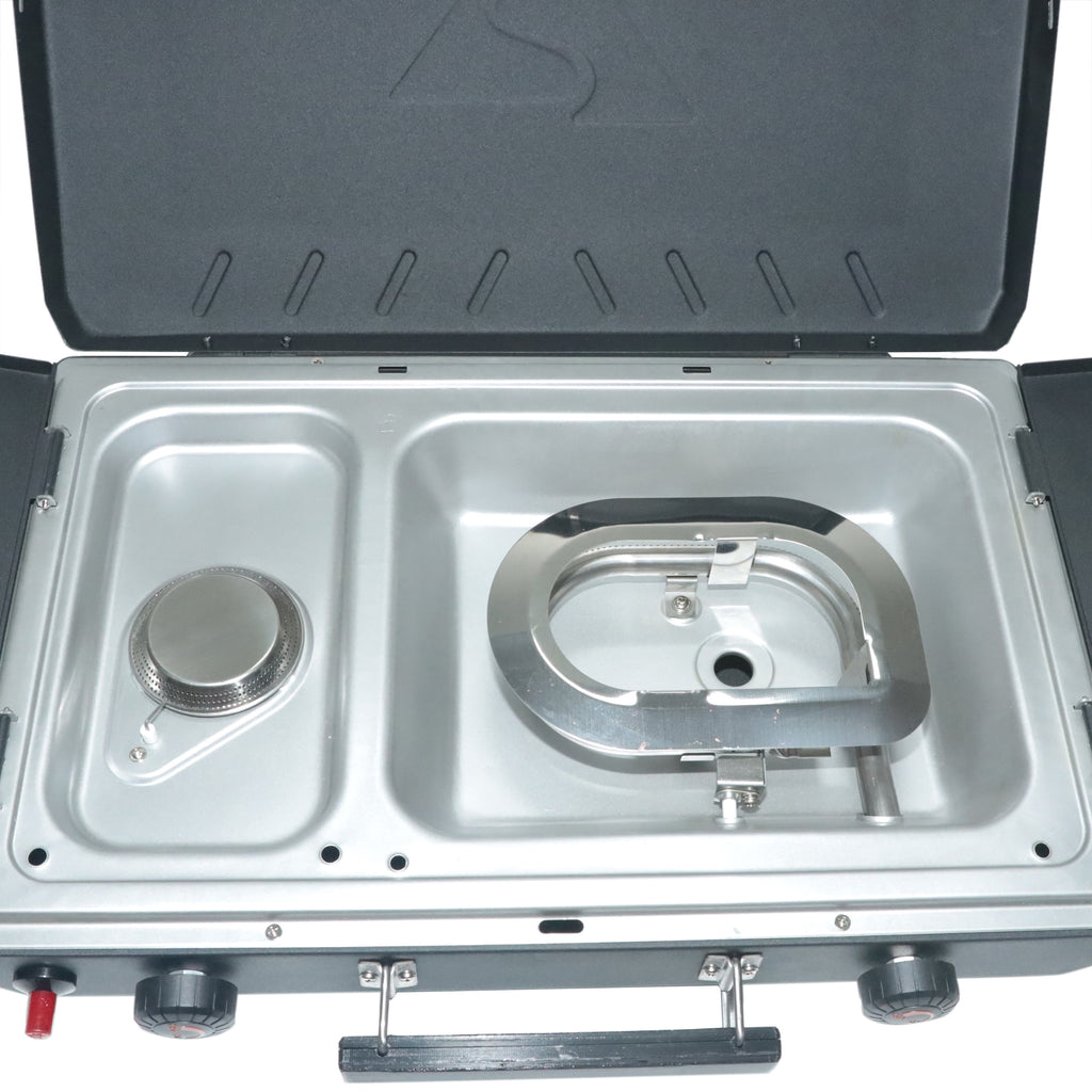 2 Burner Black Propane 2-In-1 Portable Camp Stove and Grill, Model GCT2220WB, New