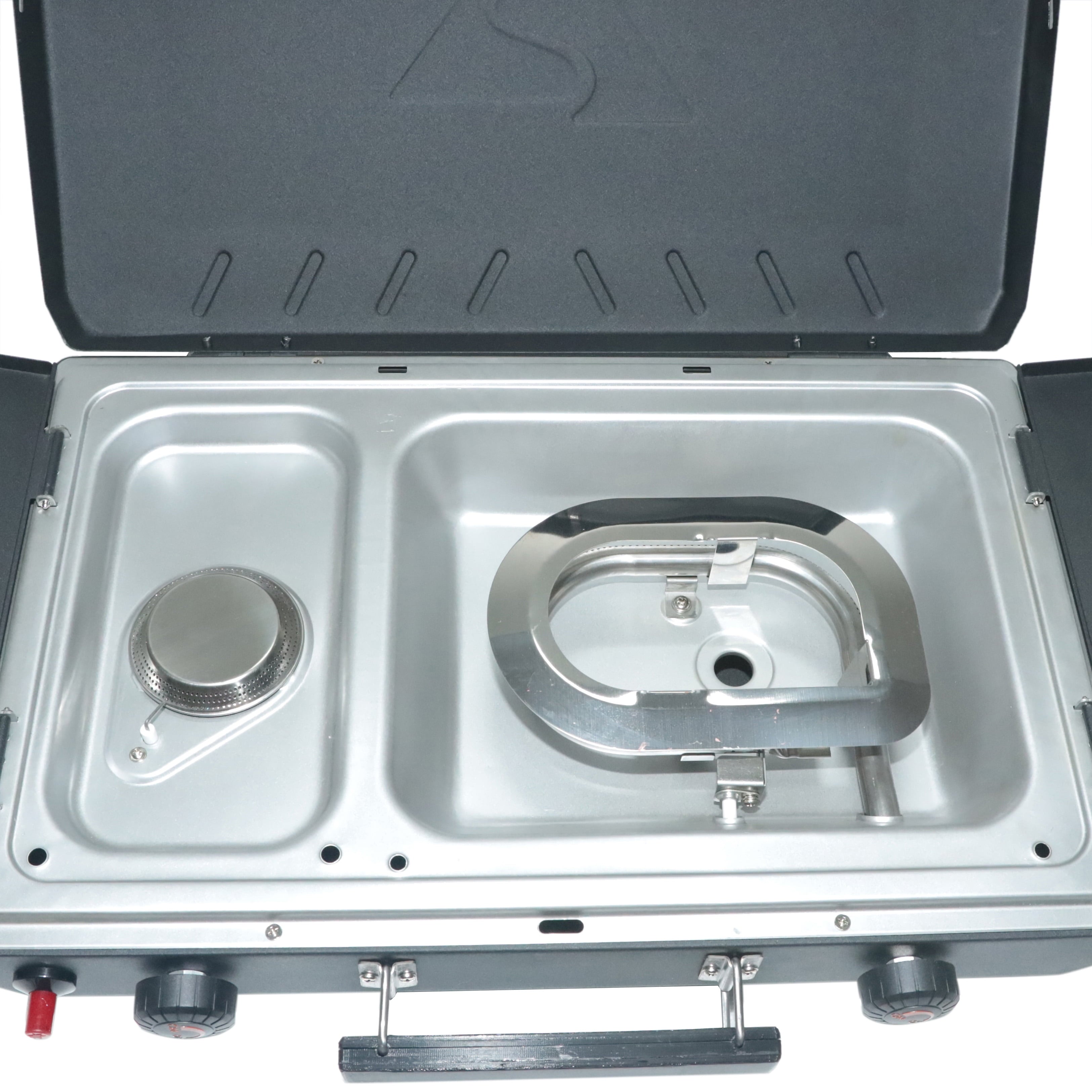 2 Burner Black Propane 2-In-1 Portable Camp Stove and Grill, Model GCT2220WB, New