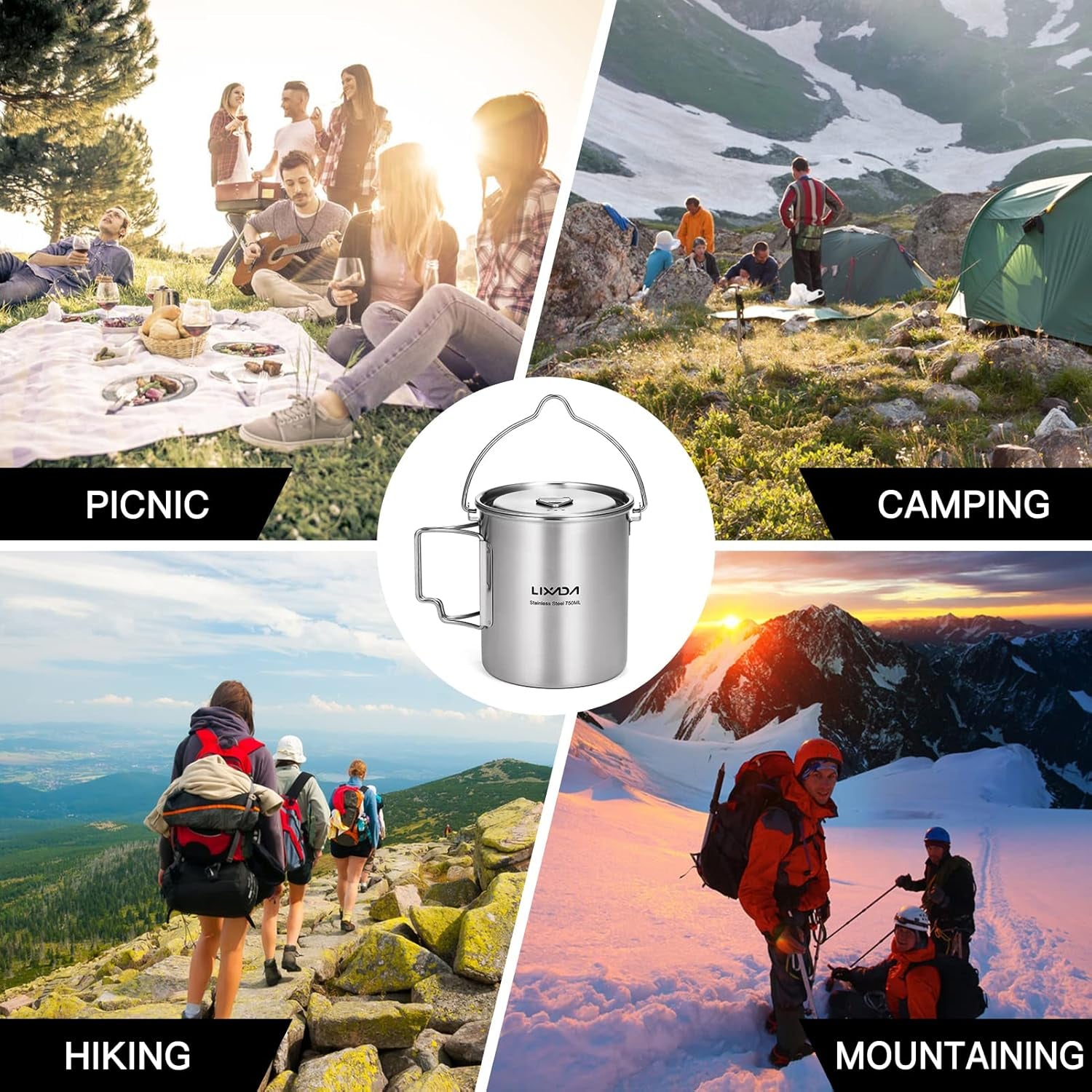 Camping Cup Pot,750Ml Stainless Steel Water Cup Mug with Foldable Handles and Lid for Outdoor Camping Hiking Backpacking