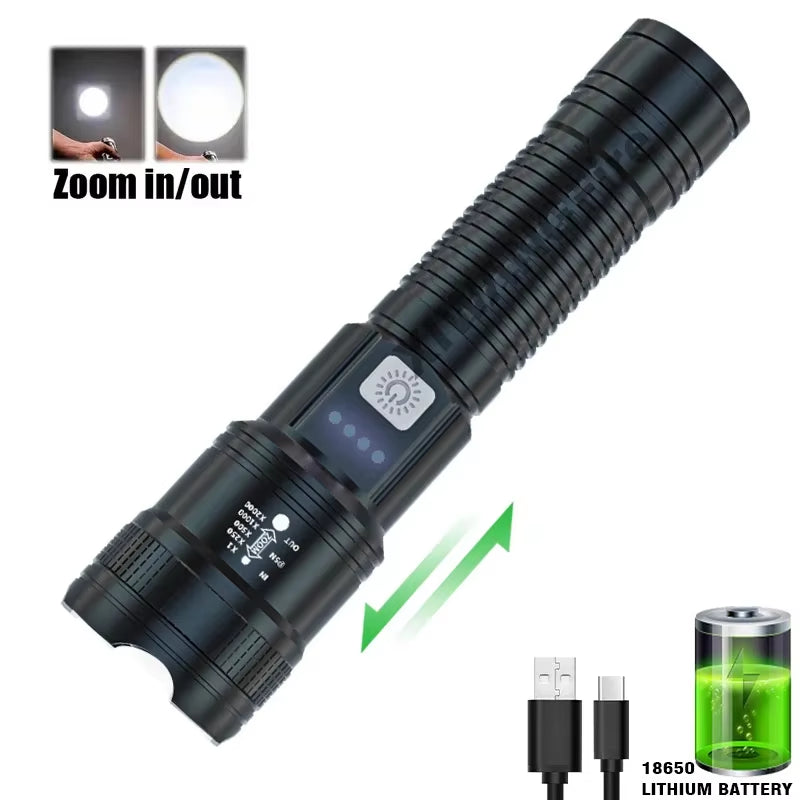 Super Bright LED Flashlight with Built-In 1200Mah Battery Charging Outdoor Camping Lighting Torch Night Fishing Hunting Lantern