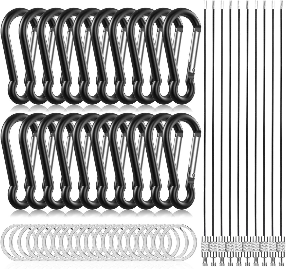 20PCS Carabiner Caribeener Clips,Small Aluminum Carabeaner Hooks with 10PCS Wire Keychain Cable +20PCS Keyrings Bulk Pack(Black)