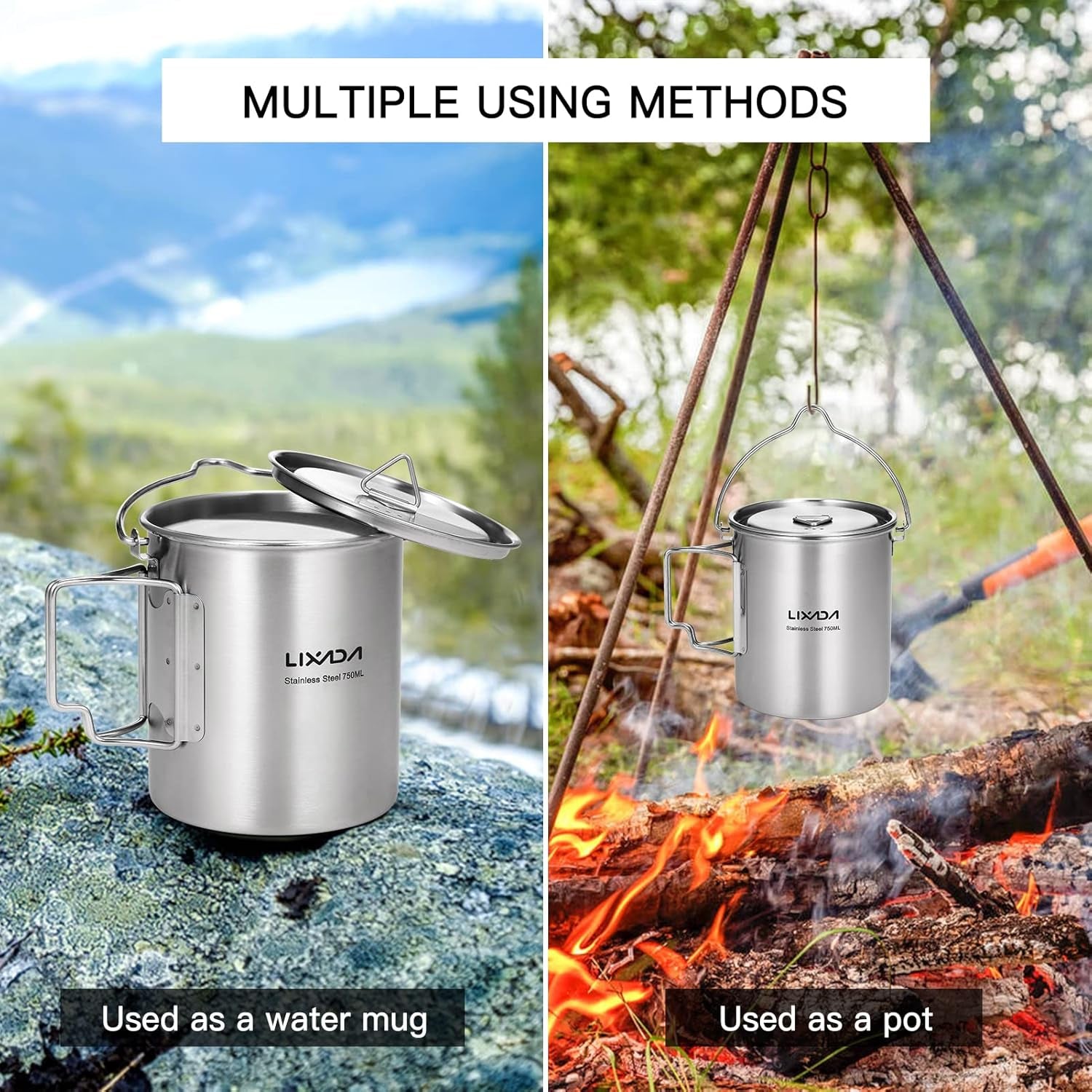 Camping Cup Pot,750Ml Stainless Steel Water Cup Mug with Foldable Handles and Lid for Outdoor Camping Hiking Backpacking