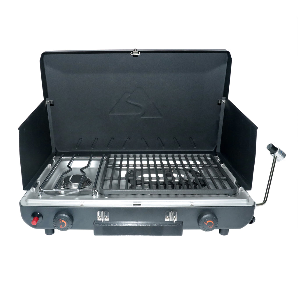 2 Burner Black Propane 2-In-1 Portable Camp Stove and Grill, Model GCT2220WB, New