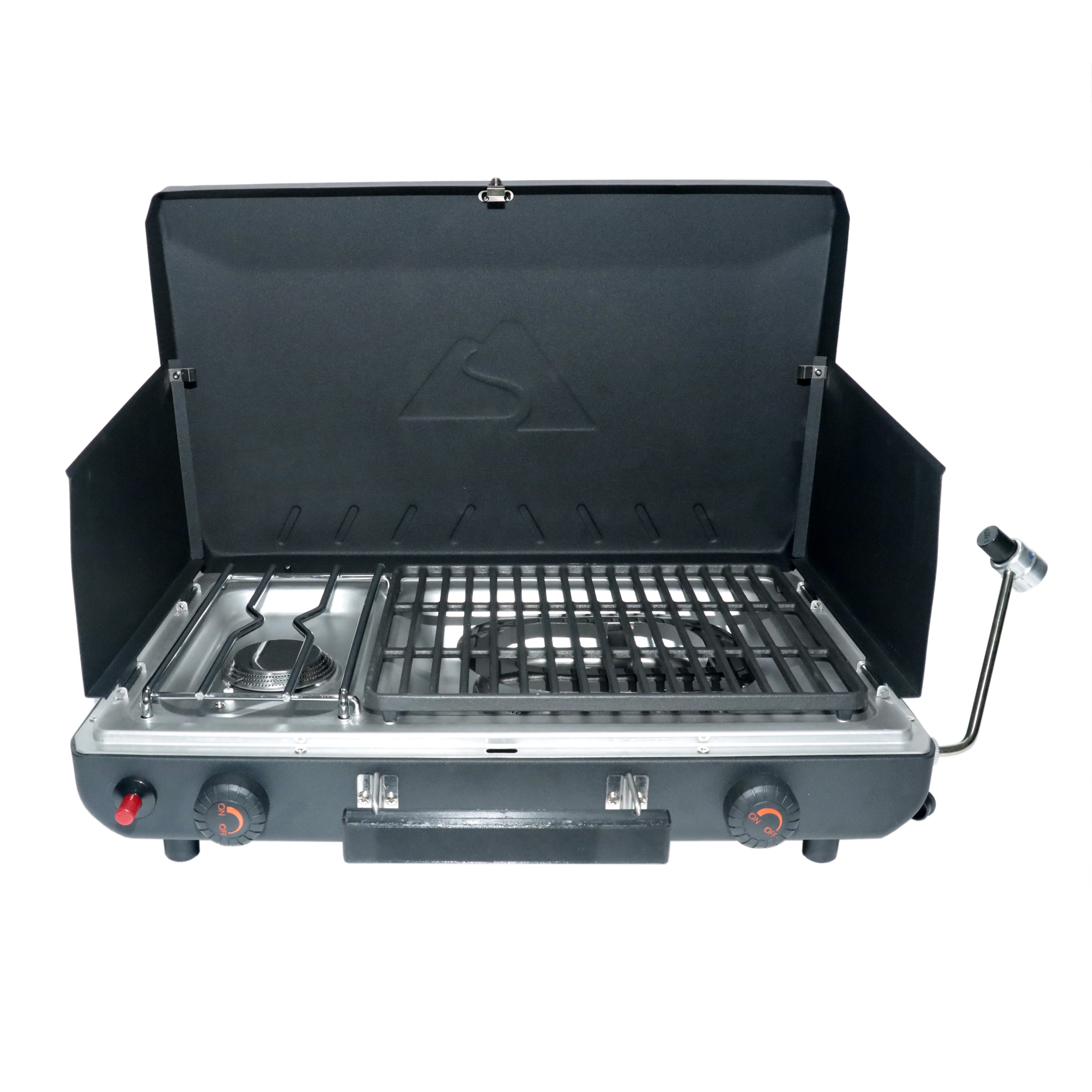 2 Burner Black Propane 2-In-1 Portable Camp Stove and Grill, Model GCT2220WB, New