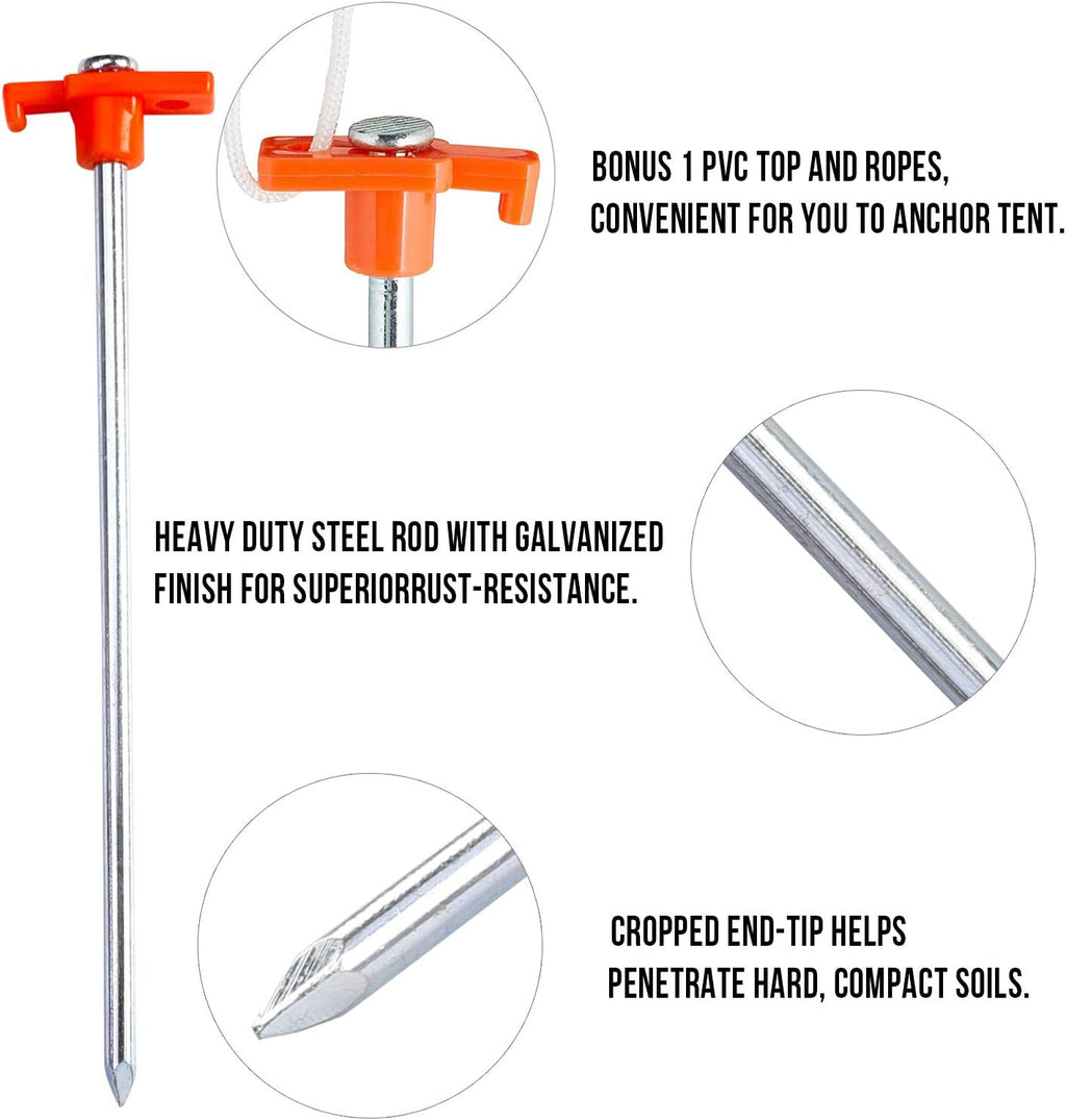 11 Inch Tent Stakes 10 Pcs Non-Rust Metal Ground Anchors, Heavy Duty Spikes with 4 Ropes for Outdoor Camping, Orange