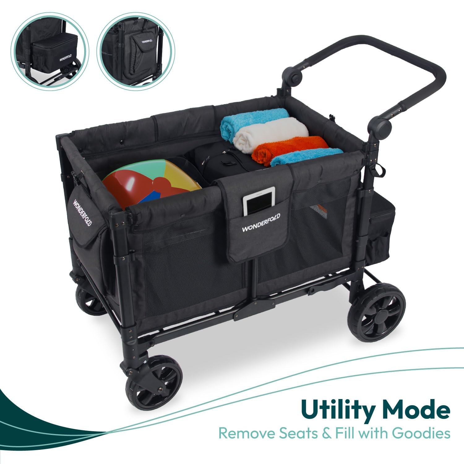 W4 Elite Stroller Wagon (4 Seater) - Collapsible Wagon Stroller with Seats with 5-Point Harnesses, Adjustable Push Handle, and Removable UV Sun Canopy, Charcoal Gray