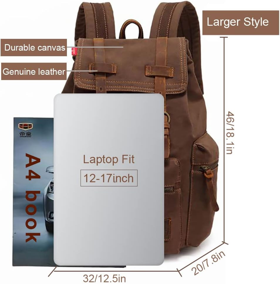 High Capacity Canvas Vintage Backpack - for School College Hiking Travel 12-17" Laptop