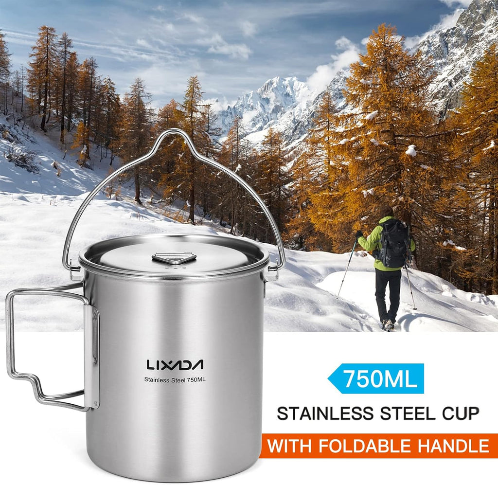 Camping Cup Pot,750Ml Stainless Steel Water Cup Mug with Foldable Handles and Lid for Outdoor Camping Hiking Backpacking