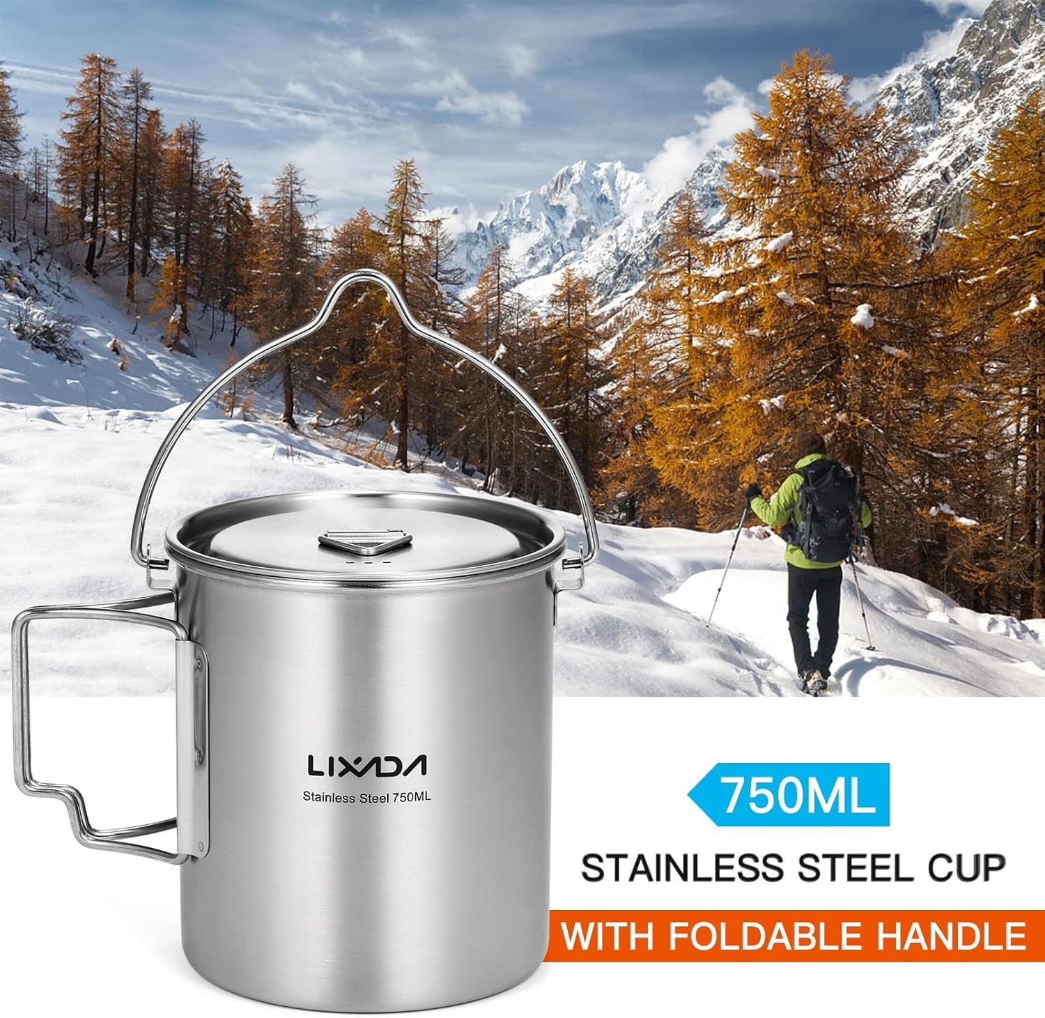 Camping Cup Pot,750Ml Stainless Steel Water Cup Mug with Foldable Handles and Lid for Outdoor Camping Hiking Backpacking