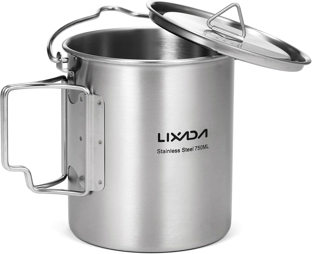 Camping Cup Pot,750Ml Stainless Steel Water Cup Mug with Foldable Handles and Lid for Outdoor Camping Hiking Backpacking