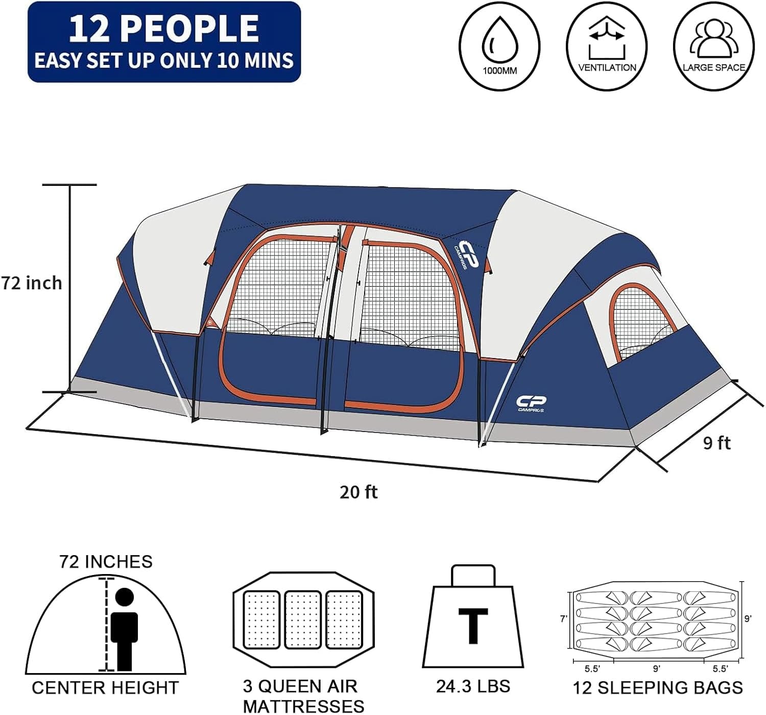 Tent 12-Person-Camping-Tents,3 Room Family Tents,Waterproof Windproof Family Tent with Top Rainfly,6 Large Mesh Windows,Double Layer,Easy Set Up, Portable with Carry Bag-20' X 9' X 72"(H)