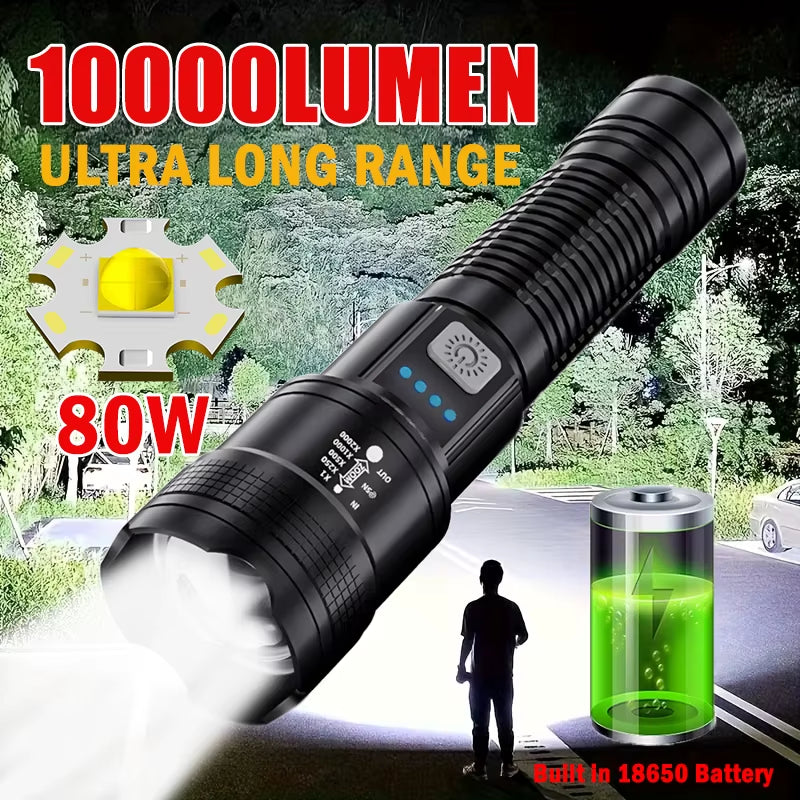 Super Bright LED Flashlight with Built-In 1200Mah Battery Charging Outdoor Camping Lighting Torch Night Fishing Hunting Lantern