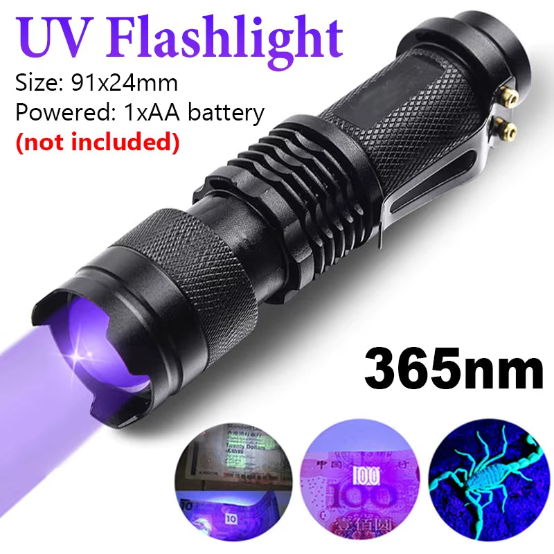 LED UV Flashlight 365Nm 395Nm Blacklight Scorpion UV Light Pet Urine Detector Zoomable Ultraviolet Outdoor Camping Lighting