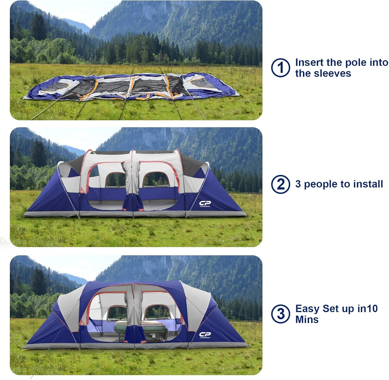 Tent 12-Person-Camping-Tents,3 Room Family Tents,Waterproof Windproof Family Tent with Top Rainfly,6 Large Mesh Windows,Double Layer,Easy Set Up, Portable with Carry Bag-20' X 9' X 72"(H)
