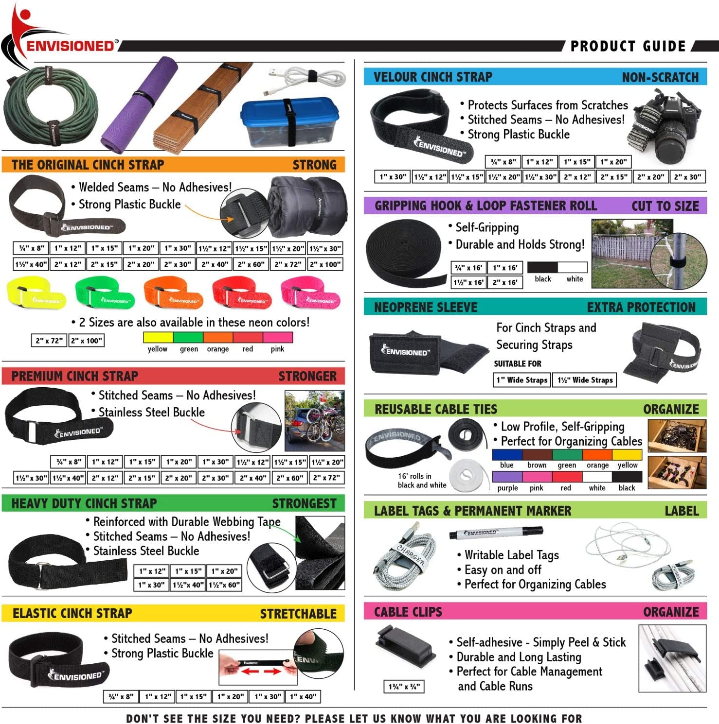 Reusable Cinch Straps 2" X 40" (Usable Length Is 34") - 6 Pack, Multipurpose Strong Gripping, Quality Hook and Loop Securing Straps (Black)