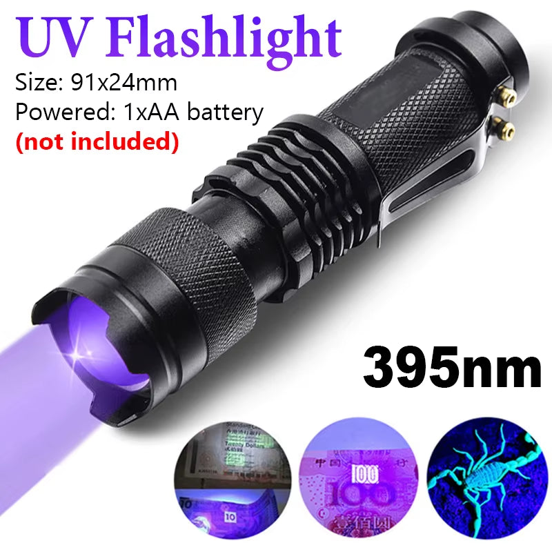 LED UV Flashlight 365Nm 395Nm Blacklight Scorpion UV Light Pet Urine Detector Zoomable Ultraviolet Outdoor Camping Lighting