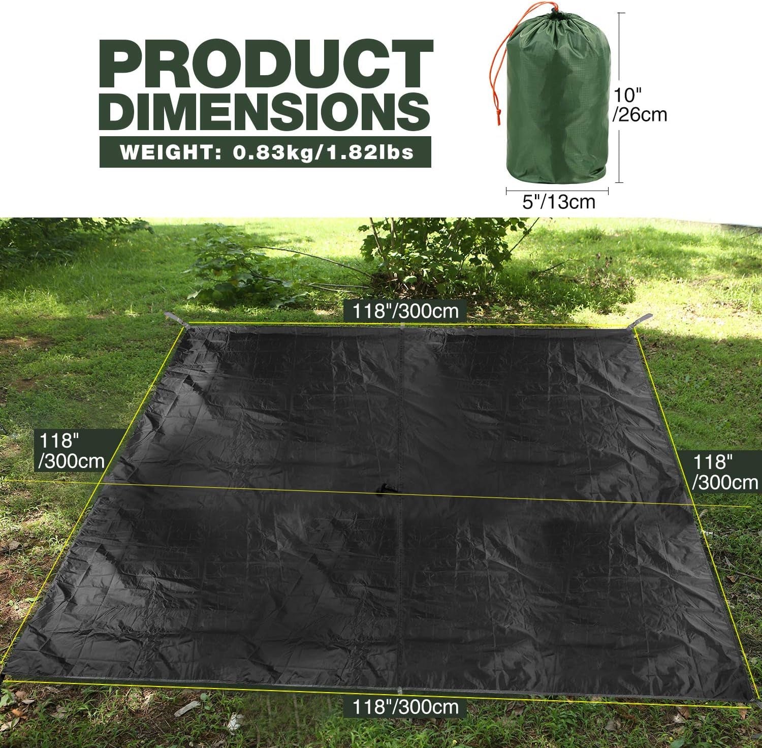 Hammock Rain Fly Camping Tarp Waterproof, 10X10Ft Lightweight Backpacking Rain Tarp Shelter for Hiking Outdoor, Black