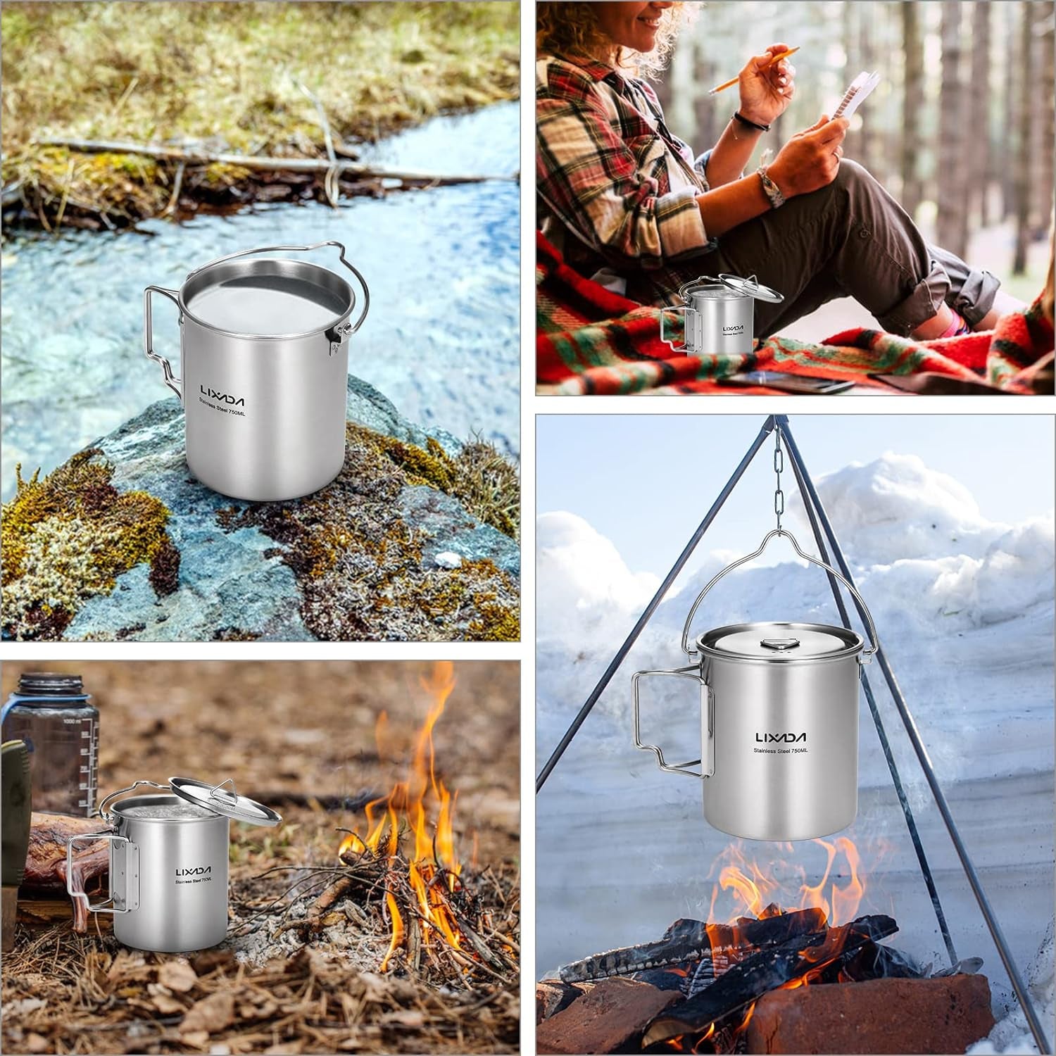 Camping Cup Pot,750Ml Stainless Steel Water Cup Mug with Foldable Handles and Lid for Outdoor Camping Hiking Backpacking