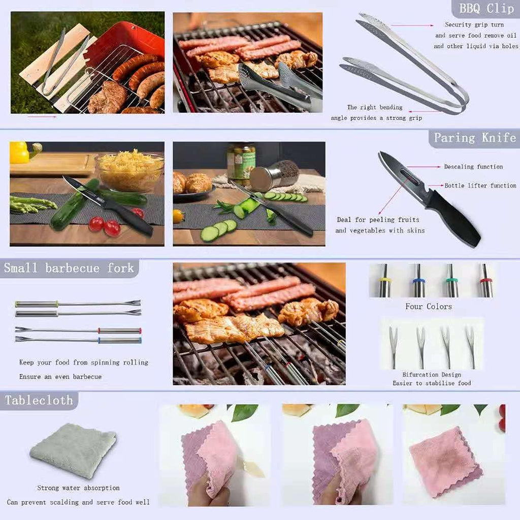 Lccxume Camping Cookware, 27Pcs Camping Utensils Set Portable Stainless Camp Kitchen Equipment Steel Camping Accessories Compact Gear for BBQ Camping Hiking Travel Water Resistant Organizer Bag