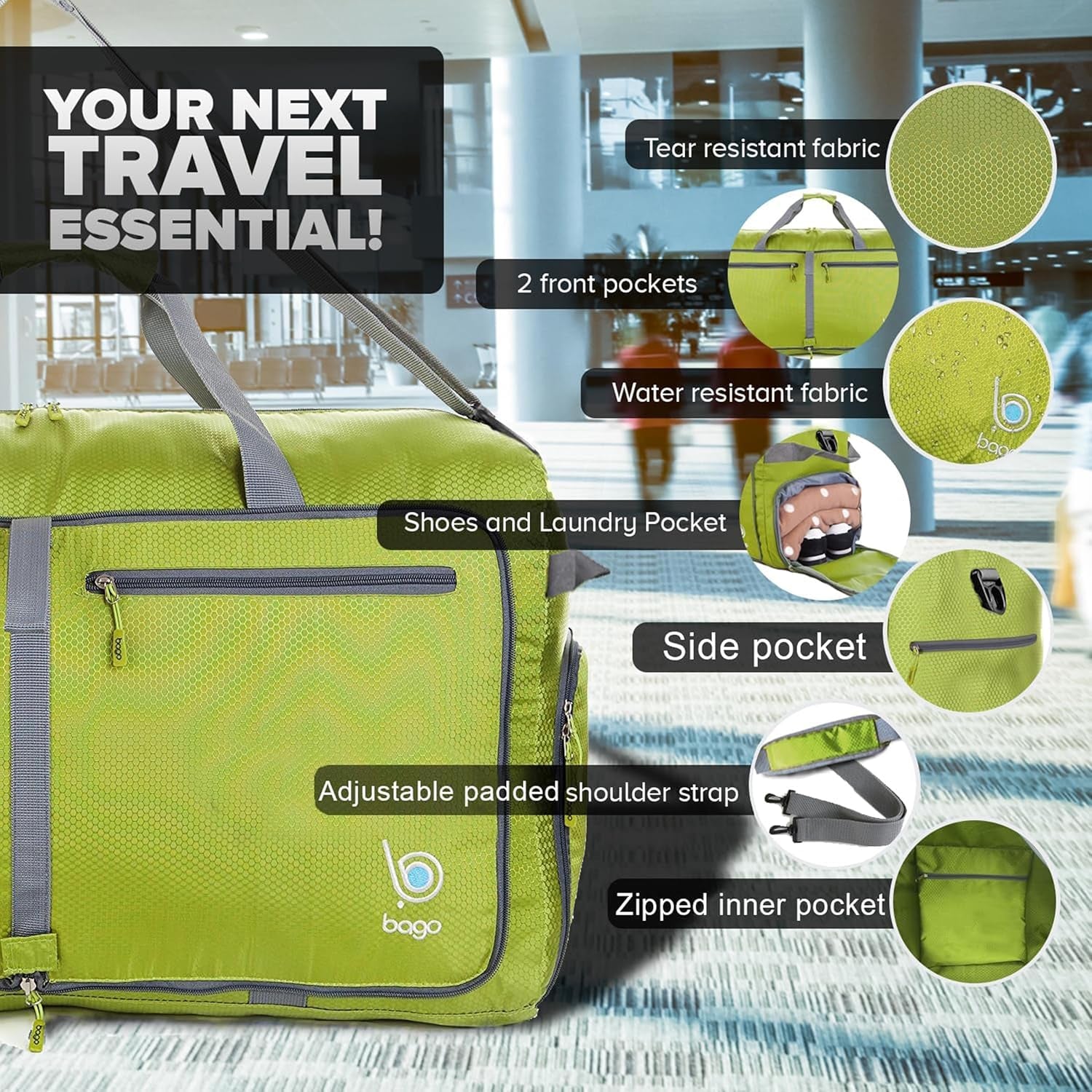Foldable Duffel Bags for Traveling Women & Men - 60L Medium Packable Duffle Bag for Travel with Shoe Compartment - Water Repellant, Heavy Duty, Lightweight Folding & Collapsible (Green)