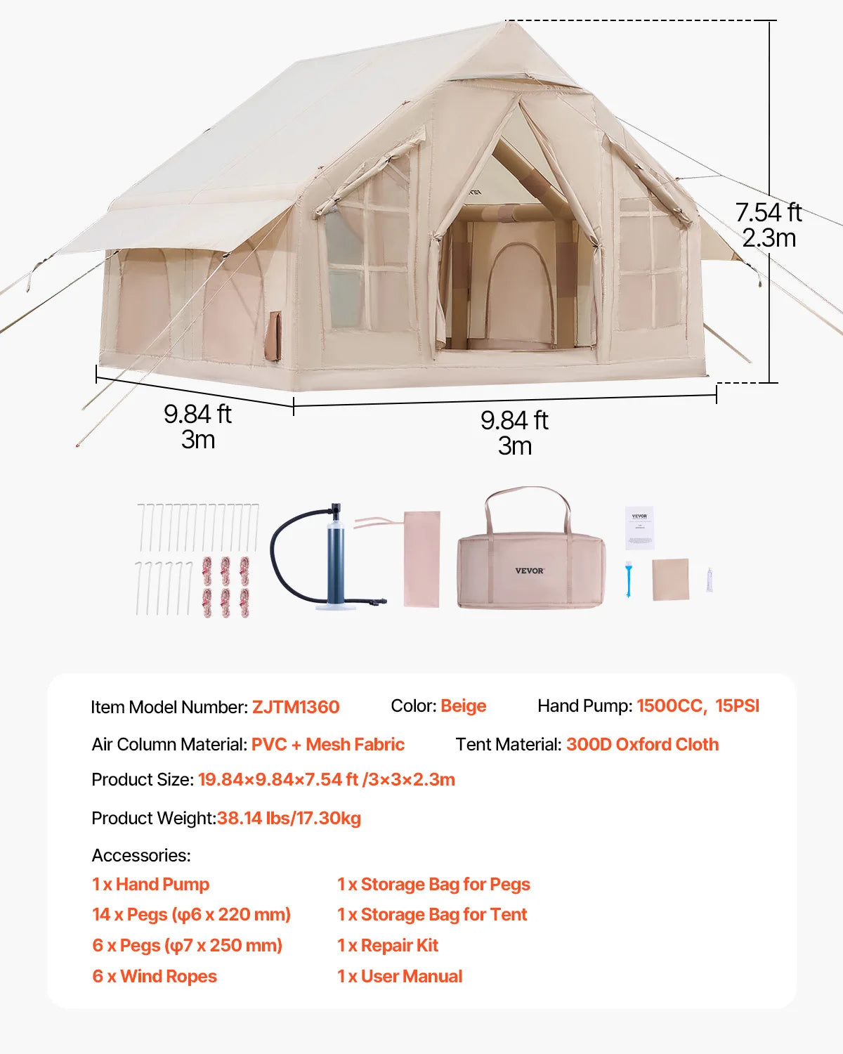 Inflatable Tents for Camping Easy Setup Blow up Tent with Hand Pump 300D Oxford Tent with Stove Jack Storage Bag Included