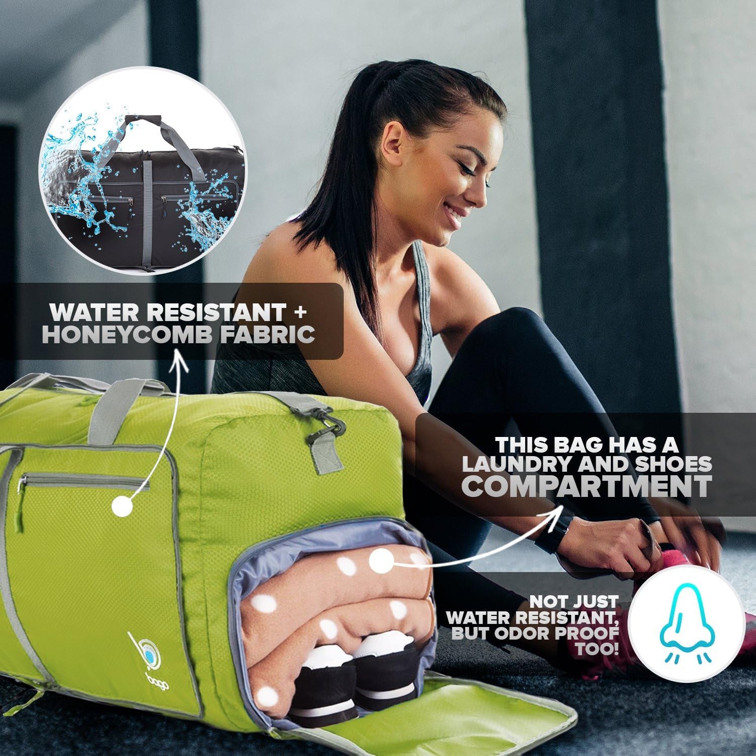 Foldable Duffel Bags for Traveling Women & Men - 60L Medium Packable Duffle Bag for Travel with Shoe Compartment - Water Repellant, Heavy Duty, Lightweight Folding & Collapsible (Green)