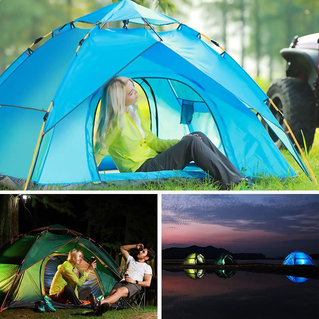 Camping Tent Pop up Tent Waterproof for 2-4 Person, Easy Instant Set up Lightweight & Ventilated, Portable Family Camping Tent for Outdoor Mountaineering Hiking Traveling and Beach with Carry Bag