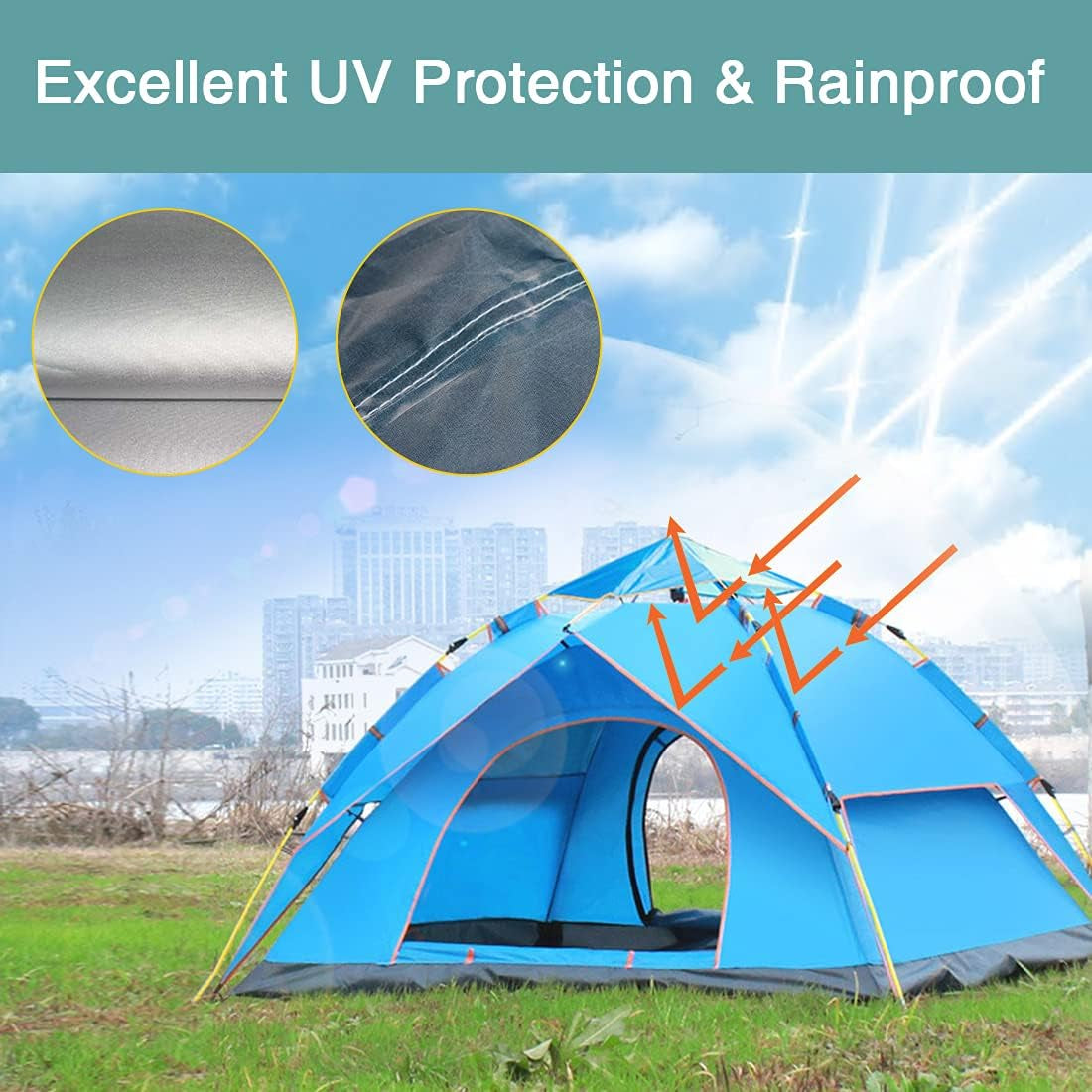 Camping Tent Pop up Tent Waterproof for 2-4 Person, Easy Instant Set up Lightweight & Ventilated, Portable Family Camping Tent for Outdoor Mountaineering Hiking Traveling and Beach with Carry Bag
