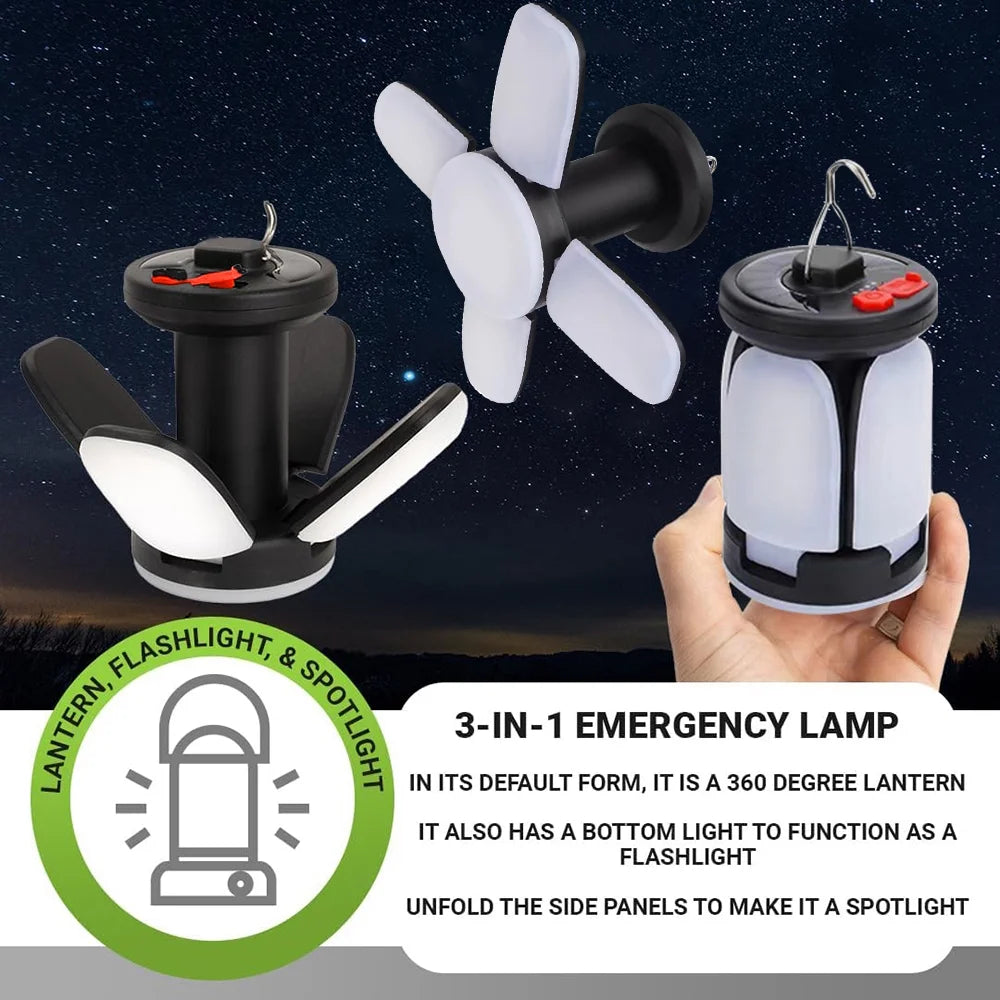 3 in 1 Solar Camping Light with Hook, 2400Mah Rechargeable Camping Lantern, Foldable Camping Light for Outdoors Night Light Camping Tent Light