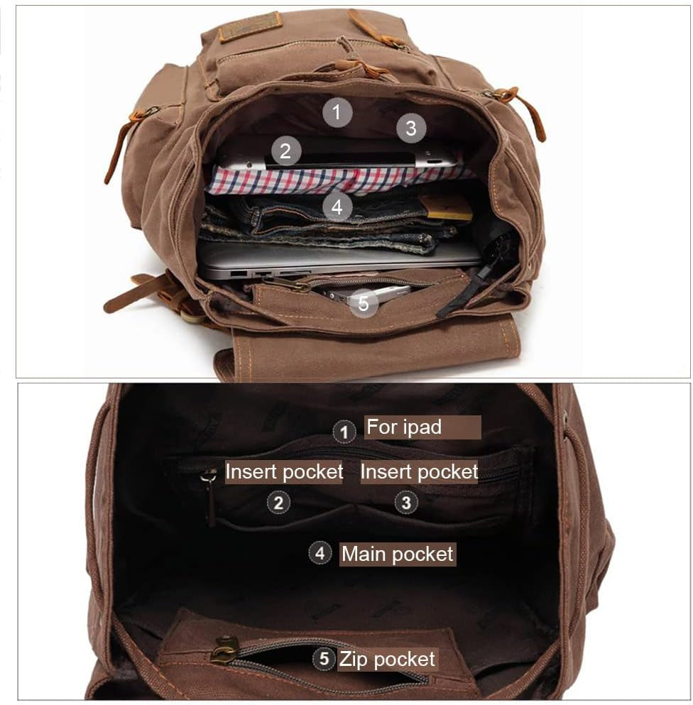 High Capacity Canvas Vintage Backpack - for School College Hiking Travel 12-17" Laptop
