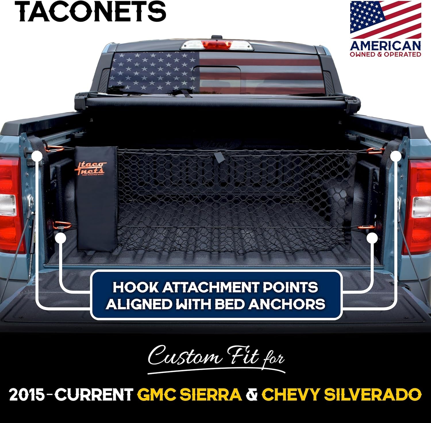 Envelope Cargo Net for GMC Sierra & Chevy Silverado - Fits 2013-2025 - Upgraded 5Mm Bungee - Integrated Storage Bag - Heavy Duty Carabiners - Designed in USA - 18" X 50"