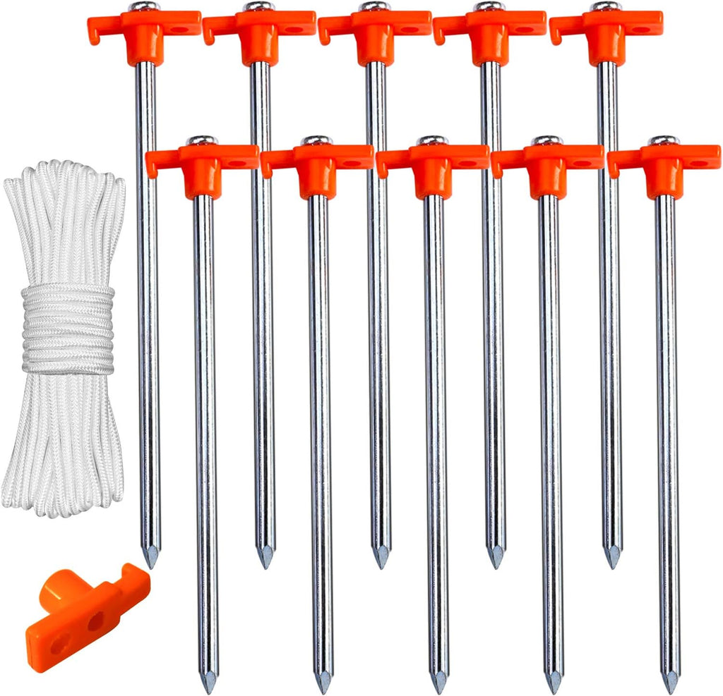 11 Inch Tent Stakes 10 Pcs Non-Rust Metal Ground Anchors, Heavy Duty Spikes with 4 Ropes for Outdoor Camping, Orange