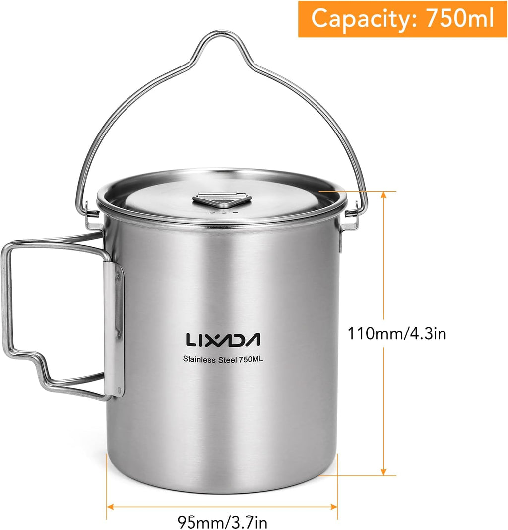 Camping Cup Pot,750Ml Stainless Steel Water Cup Mug with Foldable Handles and Lid for Outdoor Camping Hiking Backpacking