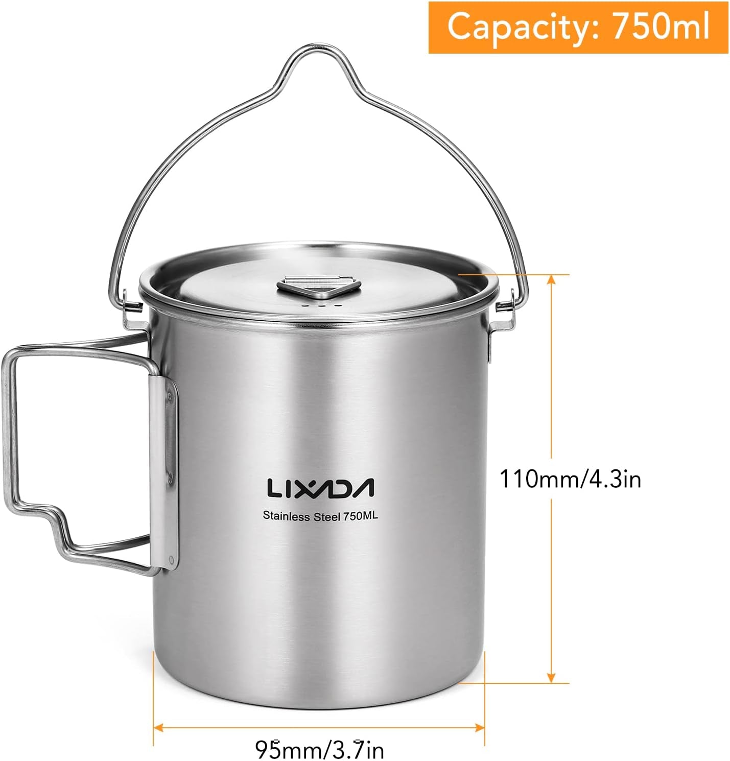 Camping Cup Pot,750Ml Stainless Steel Water Cup Mug with Foldable Handles and Lid for Outdoor Camping Hiking Backpacking