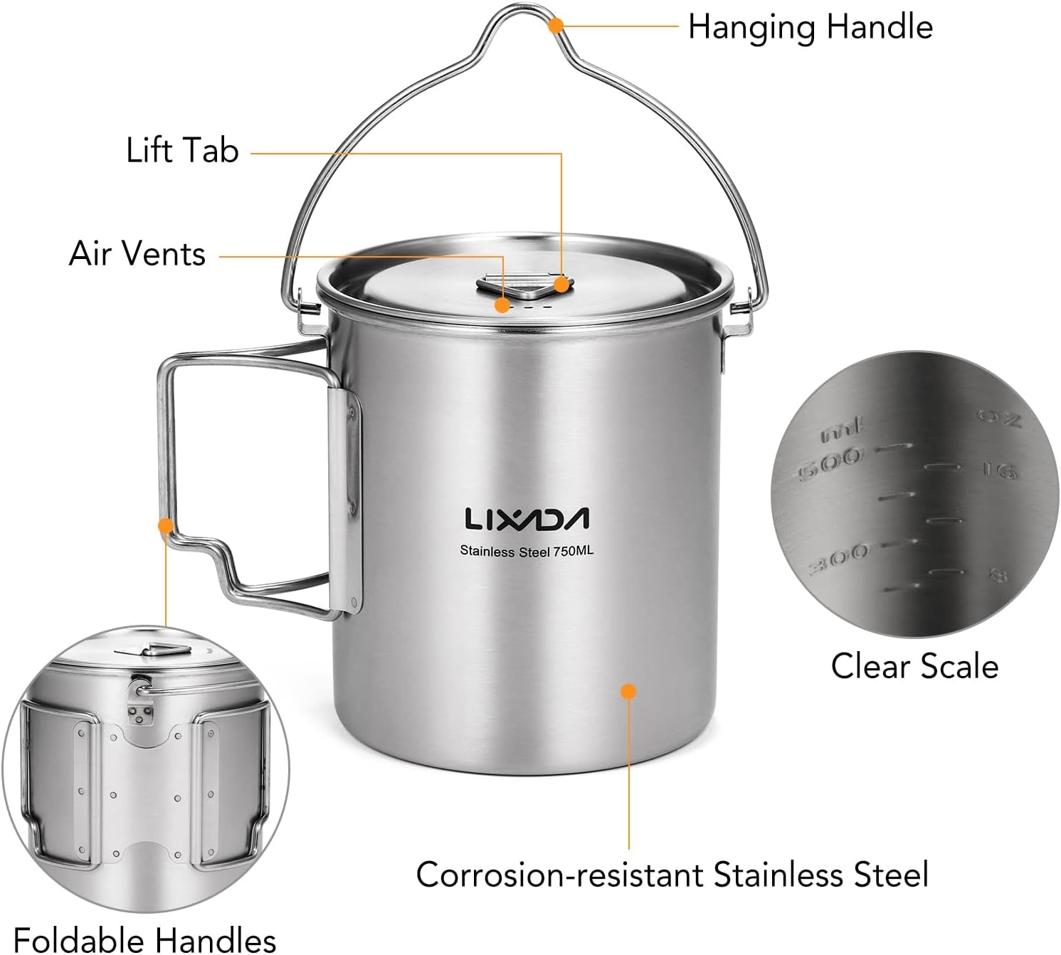 Camping Cup Pot,750Ml Stainless Steel Water Cup Mug with Foldable Handles and Lid for Outdoor Camping Hiking Backpacking