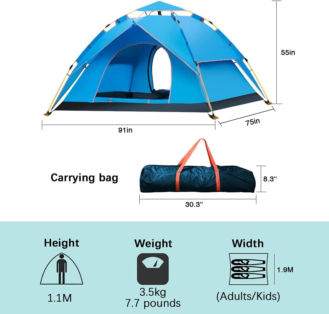 Camping Tent Pop up Tent Waterproof for 2-4 Person, Easy Instant Set up Lightweight & Ventilated, Portable Family Camping Tent for Outdoor Mountaineering Hiking Traveling and Beach with Carry Bag