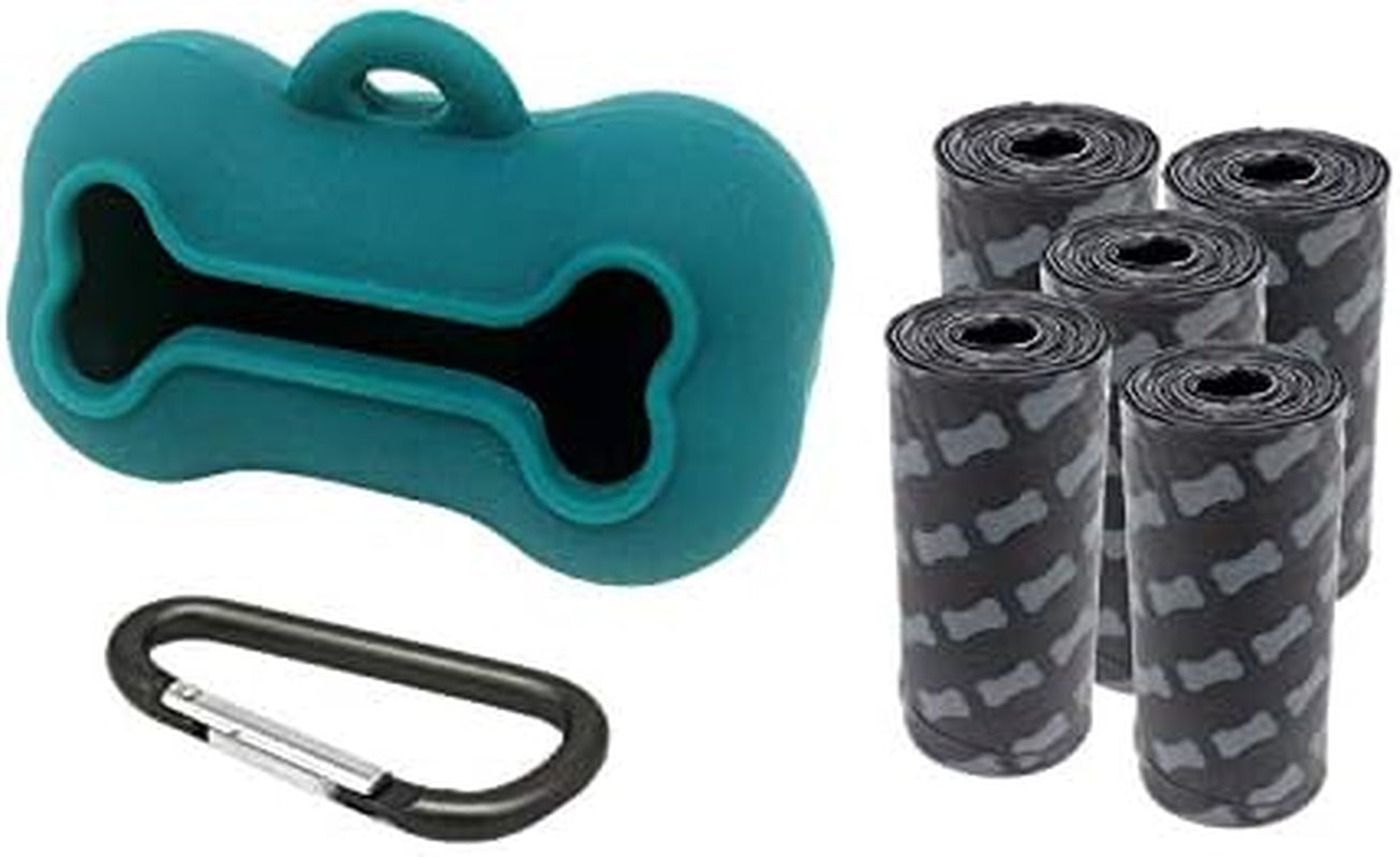 5 Rolls Portable Silicone Bone Shape Dog Poop Bags with Dispenser - Plastic Dog Pooper Bags Holders Refills Trash Can - Dog Pooper Scoopers & Bags for Outdoor Leash Travel (Green)