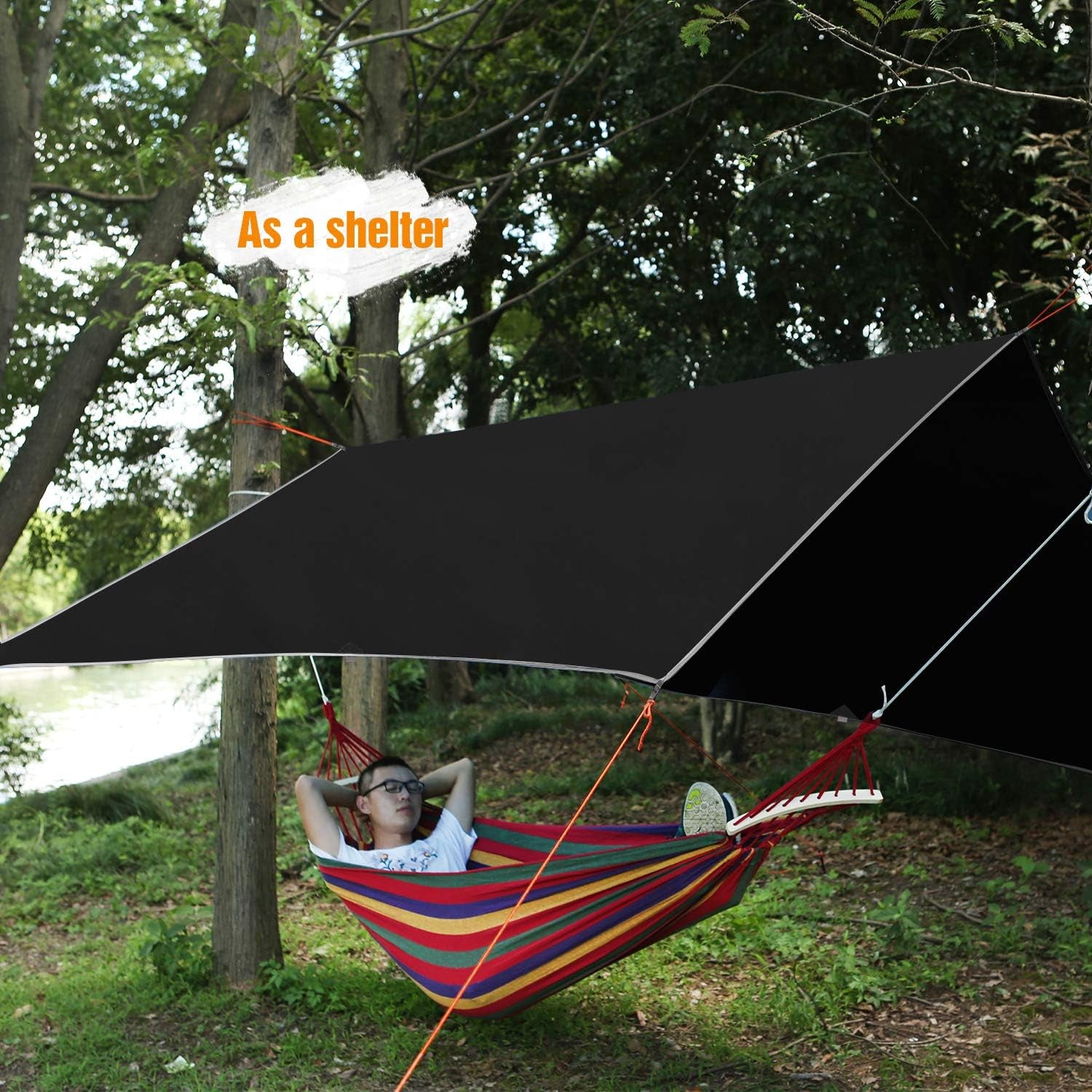 Hammock Rain Fly Camping Tarp Waterproof, 10X10Ft Lightweight Backpacking Rain Tarp Shelter for Hiking Outdoor, Black