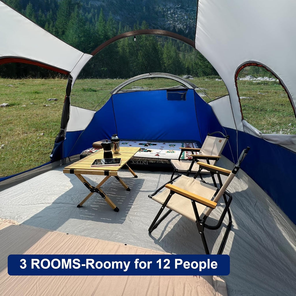 Tent 12-Person-Camping-Tents,3 Room Family Tents,Waterproof Windproof Family Tent with Top Rainfly,6 Large Mesh Windows,Double Layer,Easy Set Up, Portable with Carry Bag-20' X 9' X 72"(H)