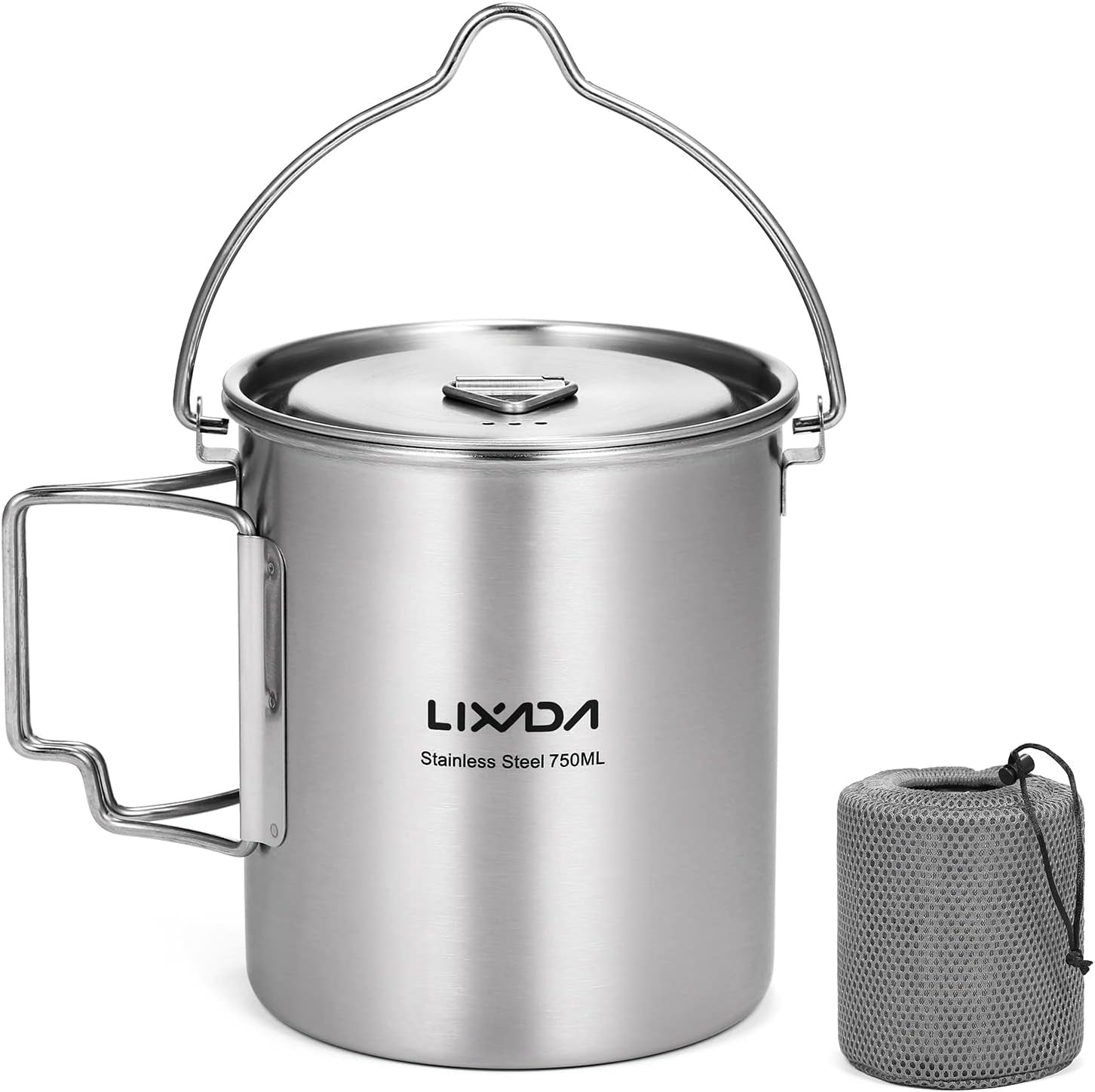 Camping Cup Pot,750Ml Stainless Steel Water Cup Mug with Foldable Handles and Lid for Outdoor Camping Hiking Backpacking